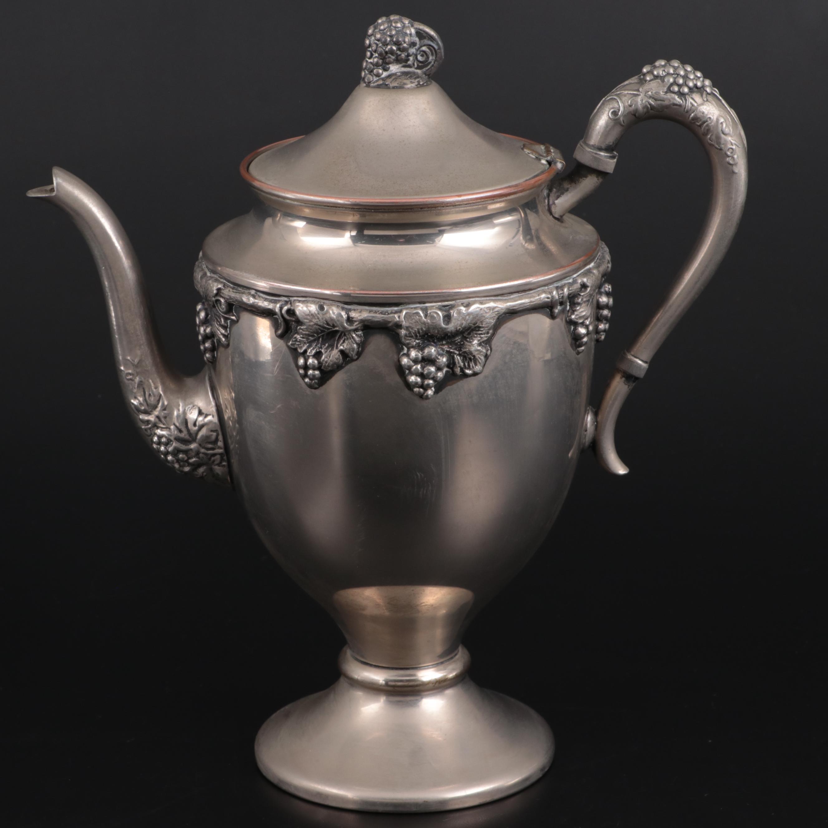 Lehman Brothers Silver Plate Footed Teapot, Creamer, and Sugar, Mid-Late 20th C.