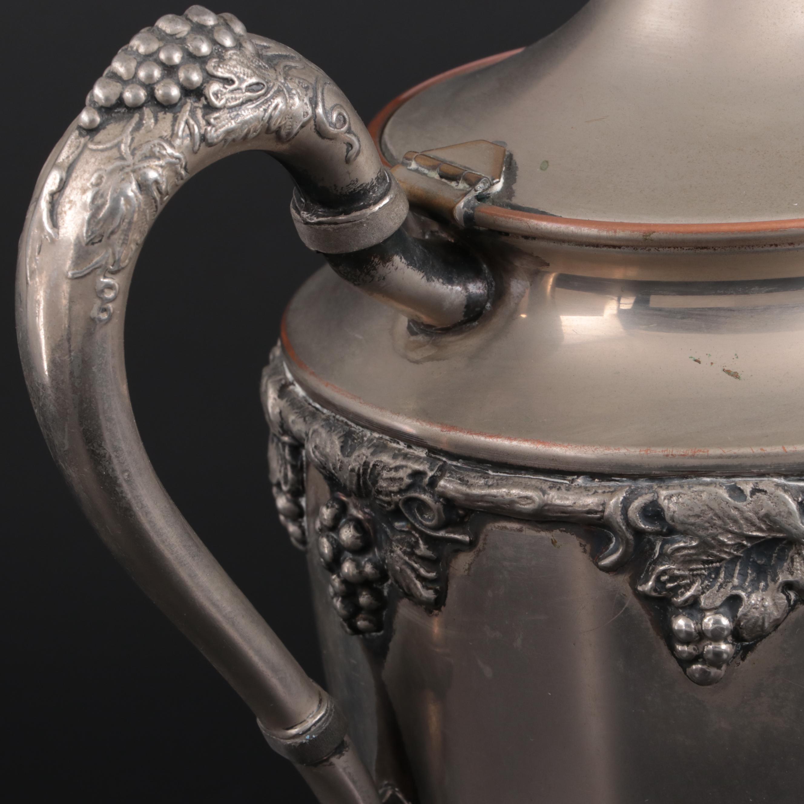 Lehman Brothers Silver Plate Footed Teapot, Creamer, and Sugar, Mid-Late 20th C.