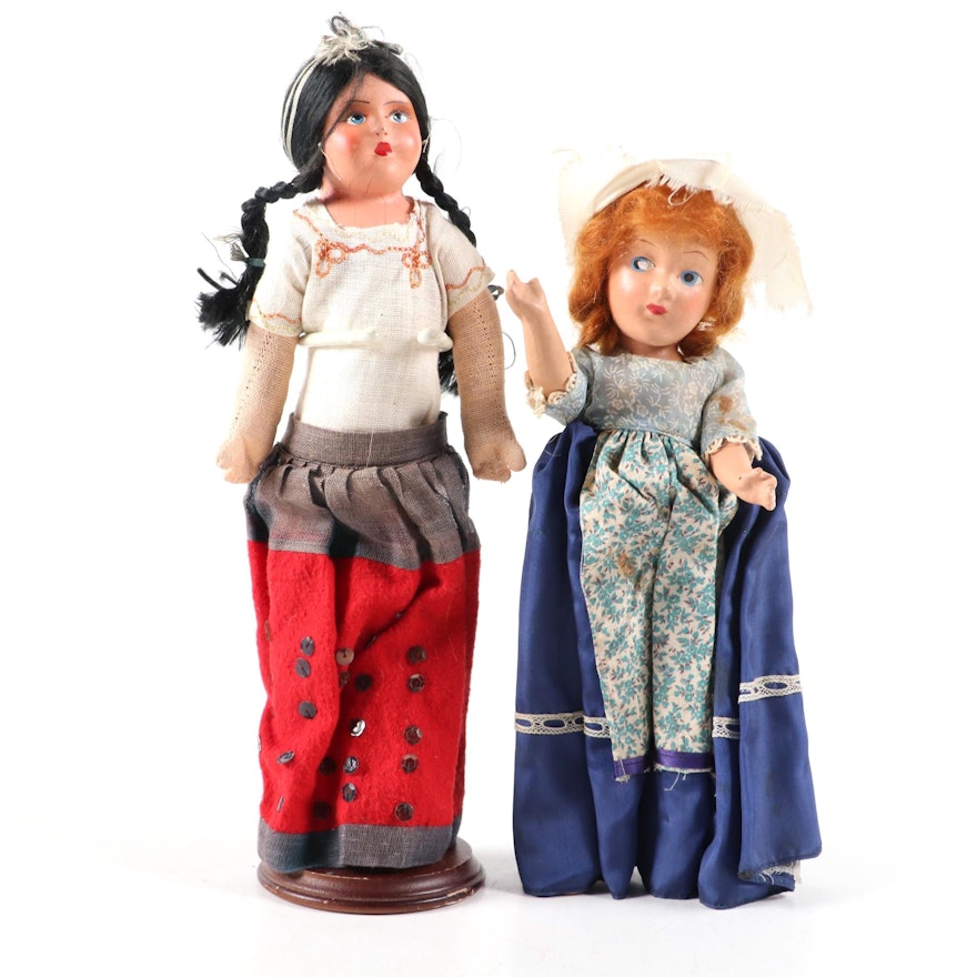 Hand-Painted Composition Dolls in Traditional Attire, Mid-20th Century