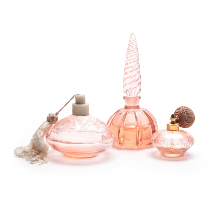 Pink and Peach Colored Glass Perfume Bottles