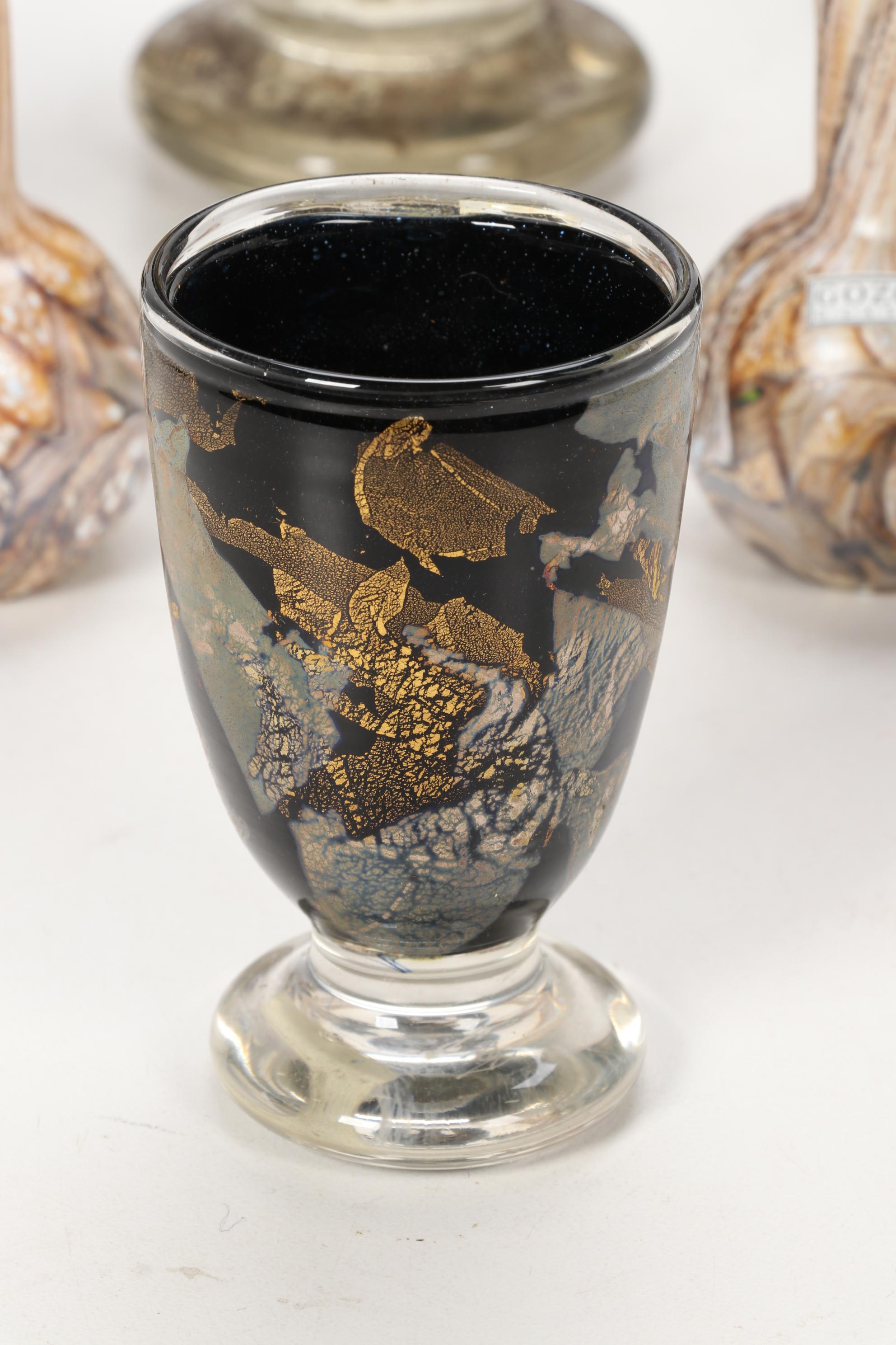 Gozo Glass "Calypso Black" and "Stone" Vase, Goblets and Perfume Bottles