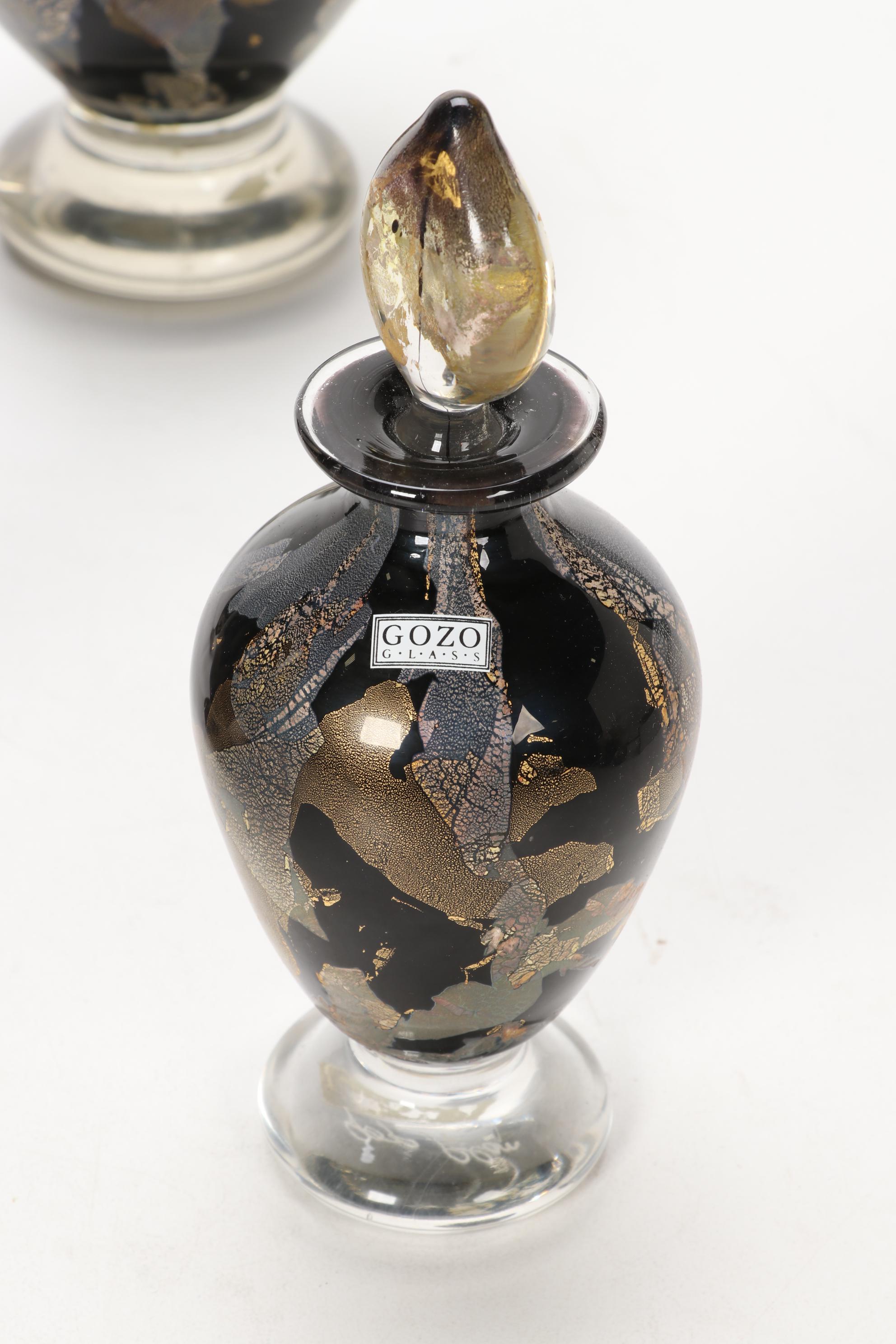 Gozo Glass "Calypso Black" and "Stone" Vase, Goblets and Perfume Bottles