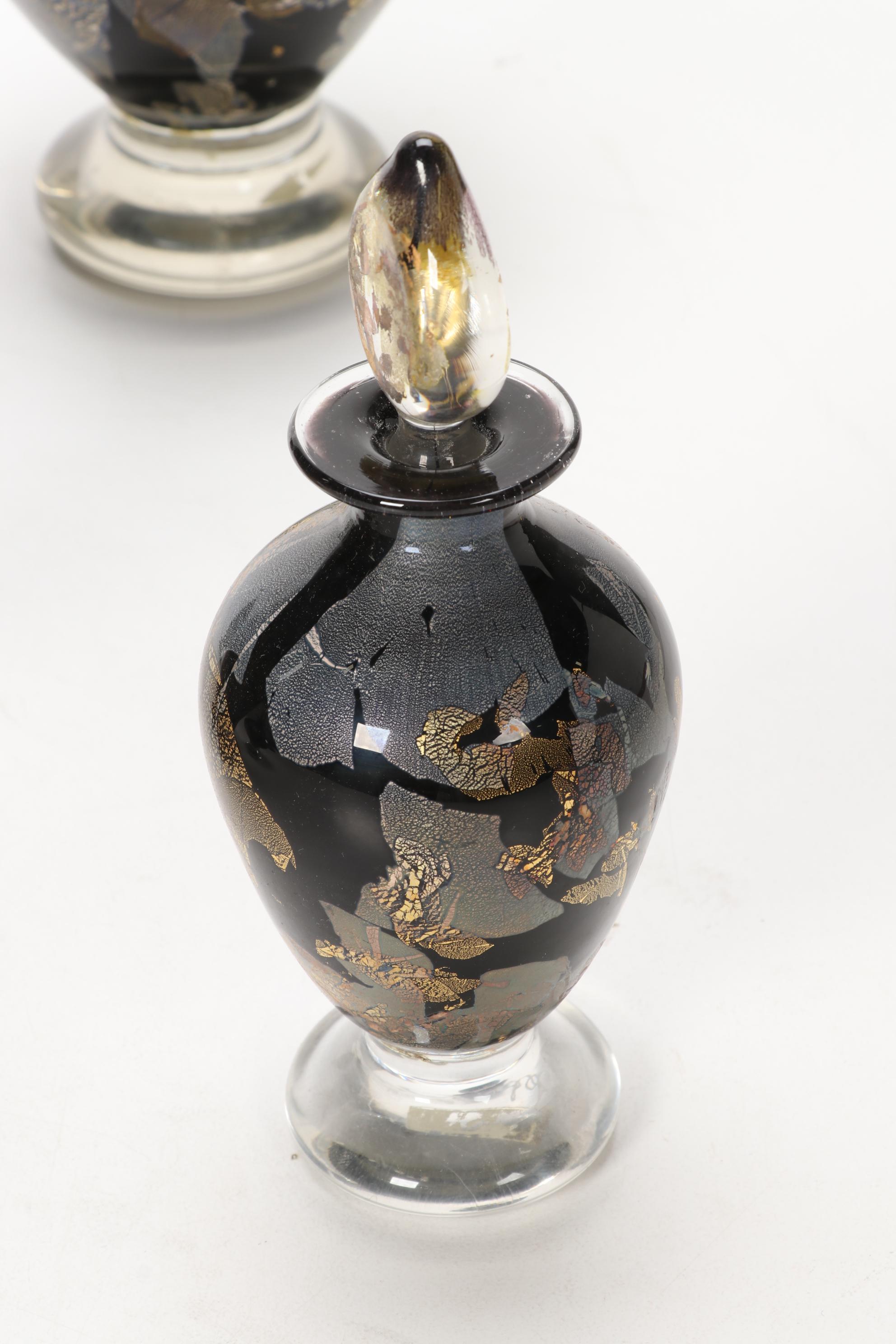 Gozo Glass "Calypso Black" and "Stone" Vase, Goblets and Perfume Bottles