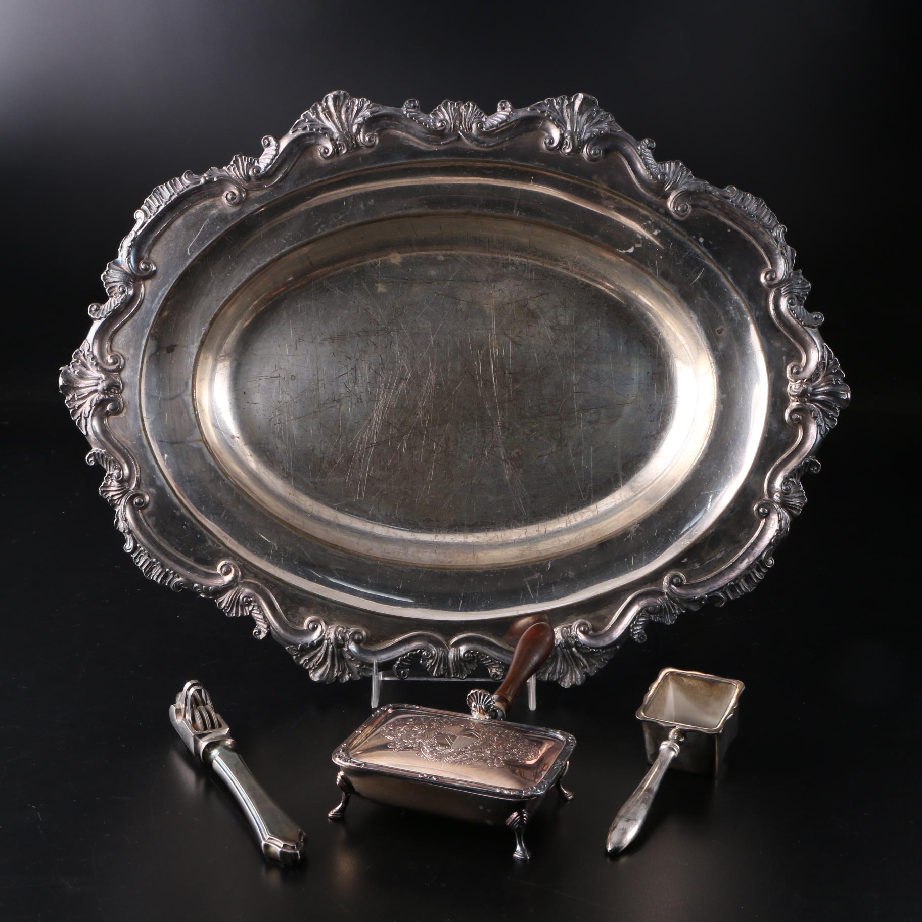 E. G. Webster & Son Tray, Ellis Barker Crumb Catcher and Silver Plated Tools