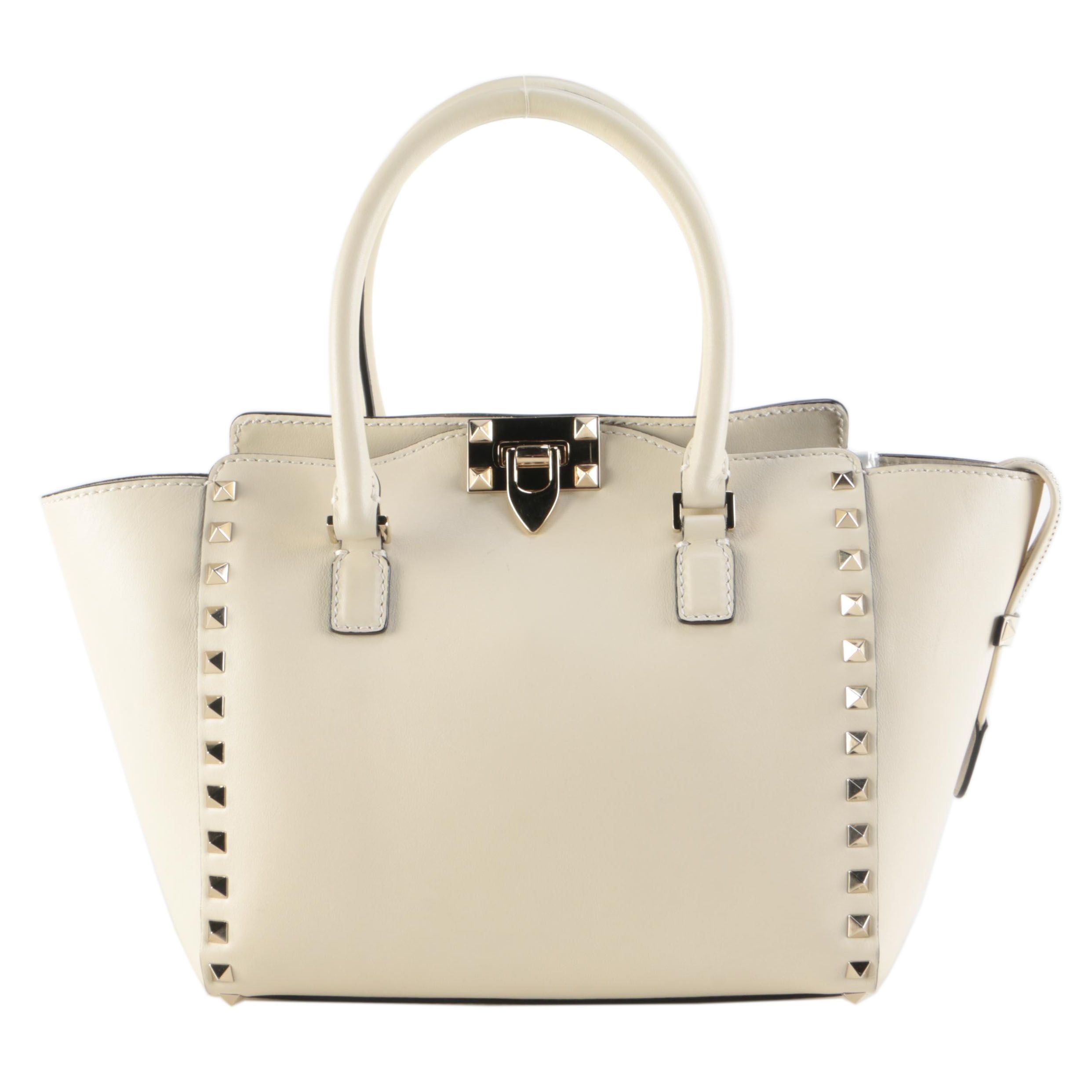 Valentino Rockstud Rigid Leather Two-Way Tote in Ivory