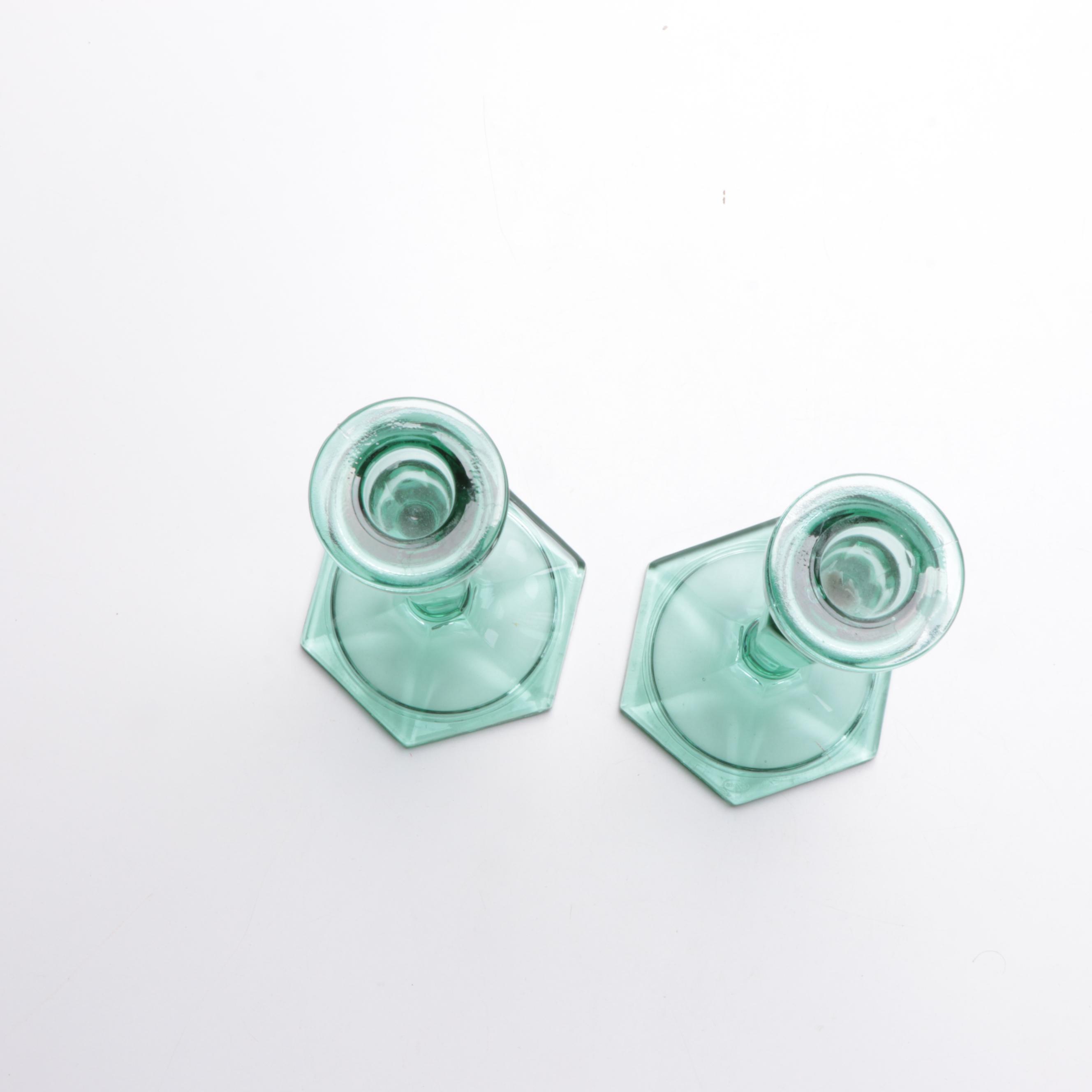 Fenton Green Glass Candlesticks