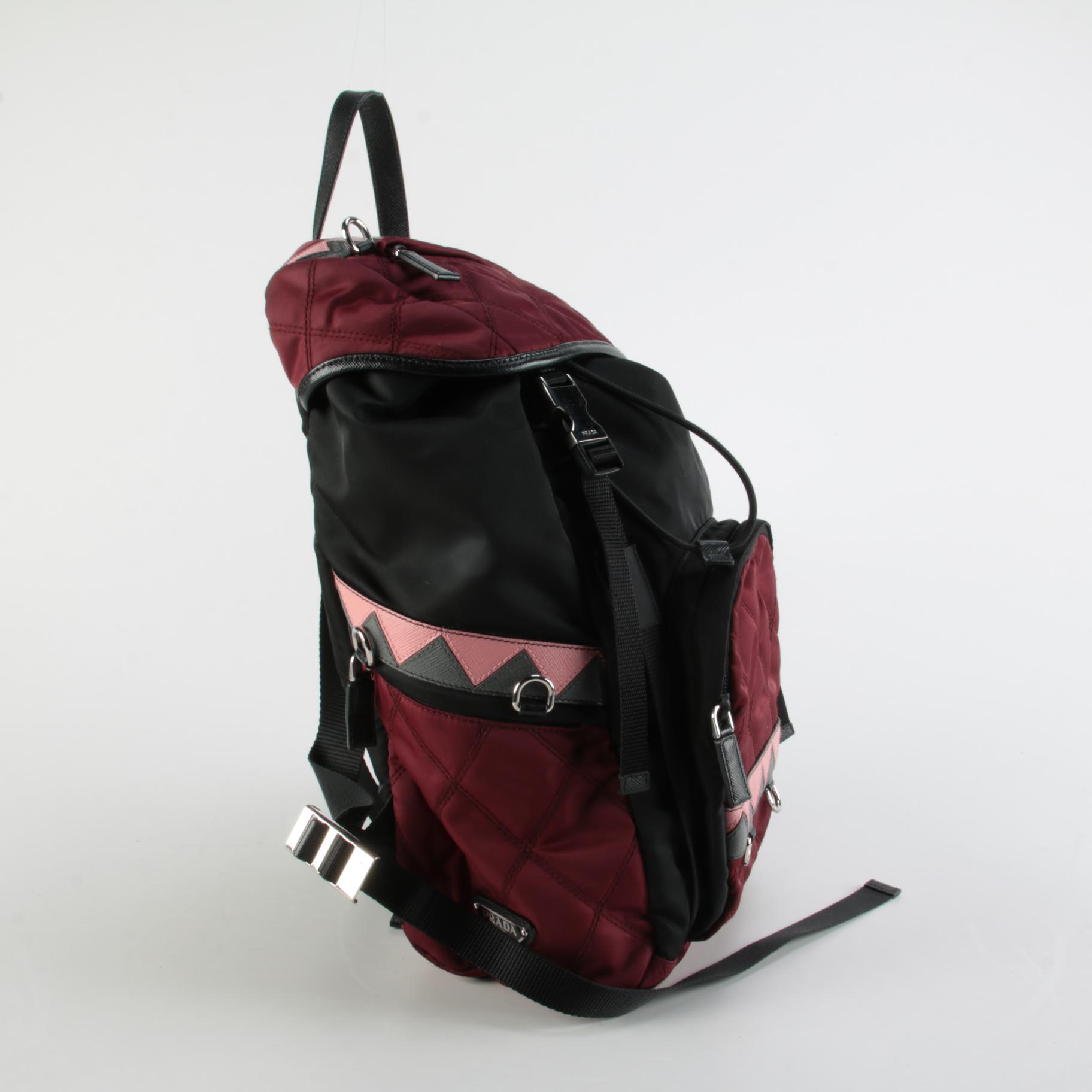 Prada Large Impunto Tessuto Double Buckle Backpack in Black and Maroon Nylon