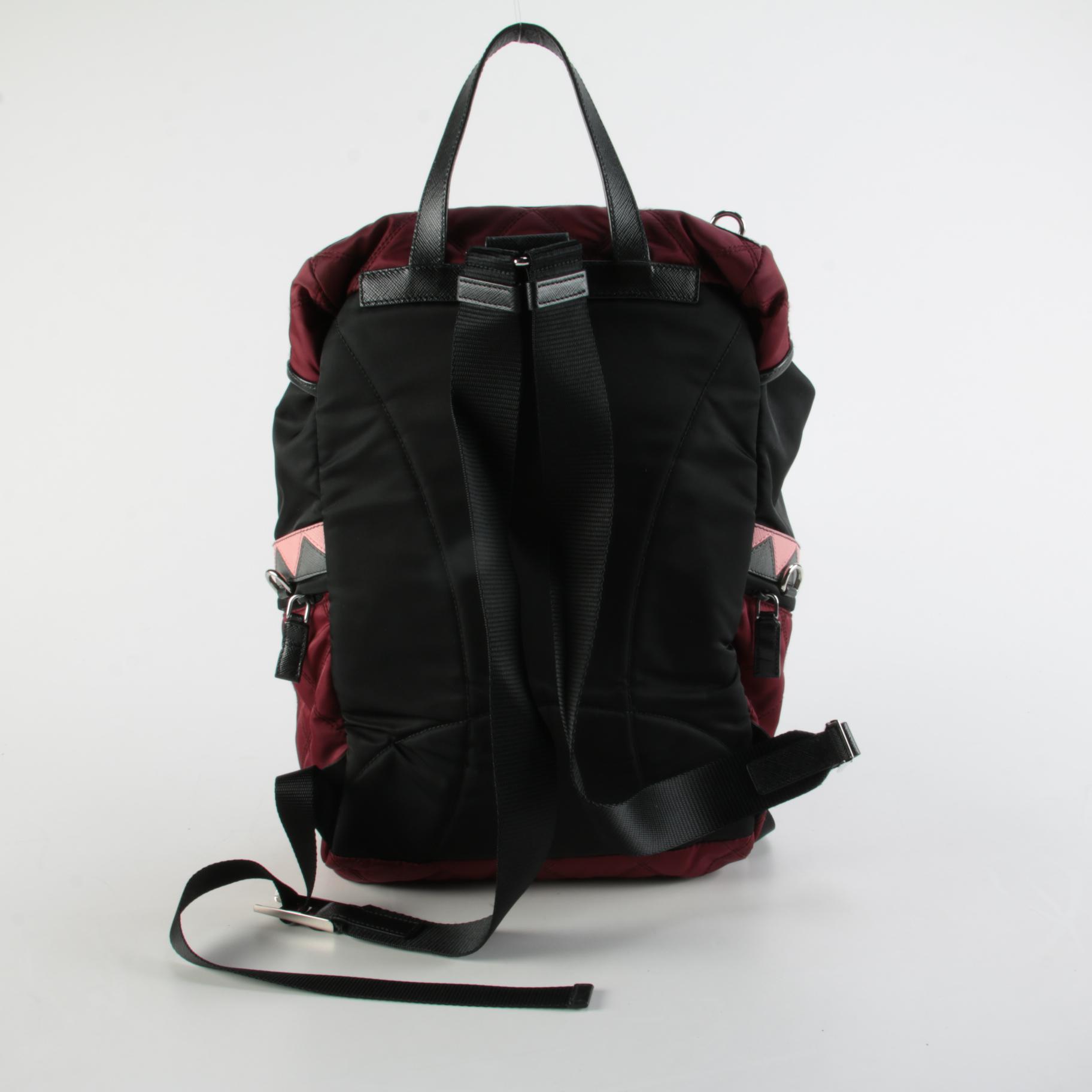 Prada Large Impunto Tessuto Double Buckle Backpack in Black and Maroon Nylon