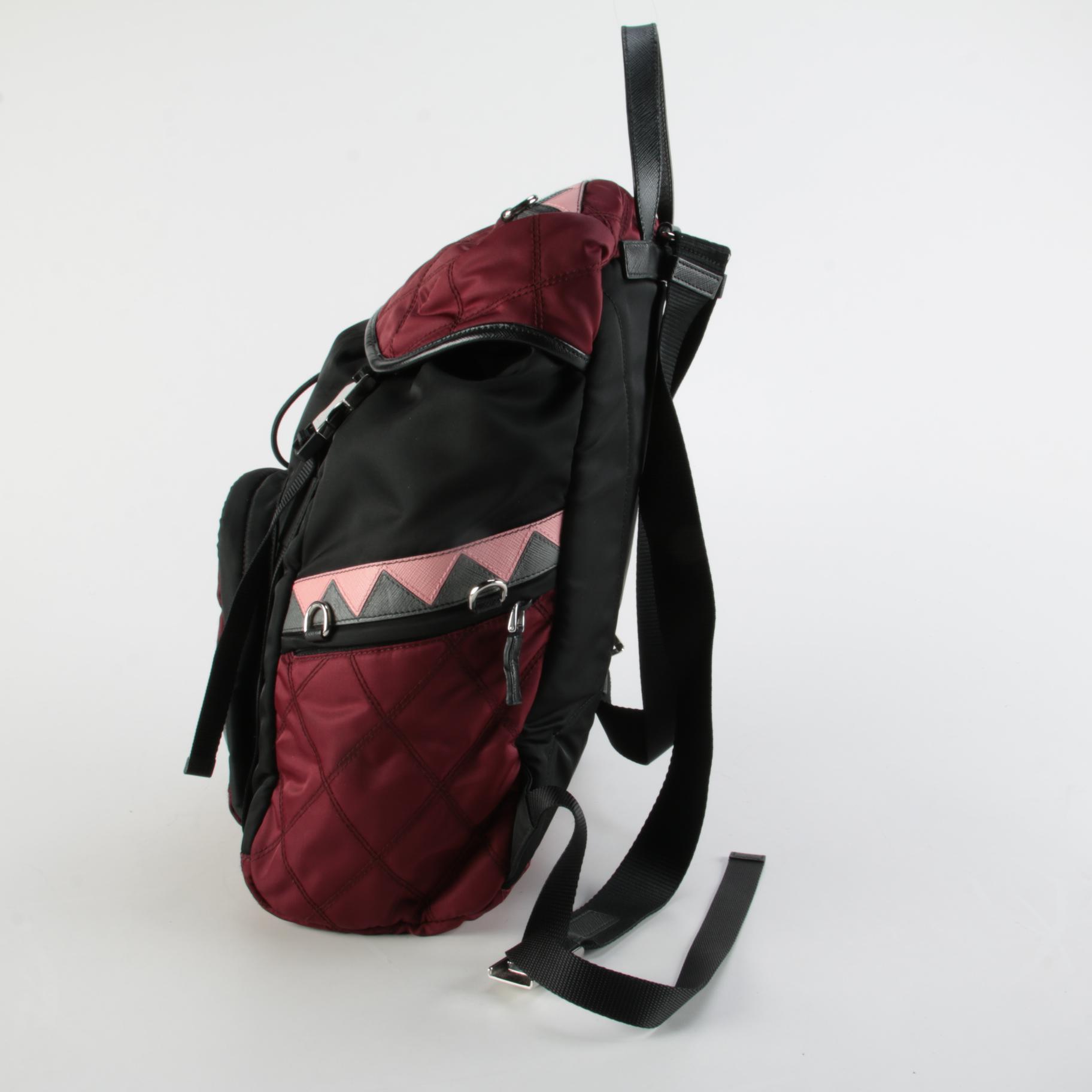 Prada Large Impunto Tessuto Double Buckle Backpack in Black and Maroon Nylon