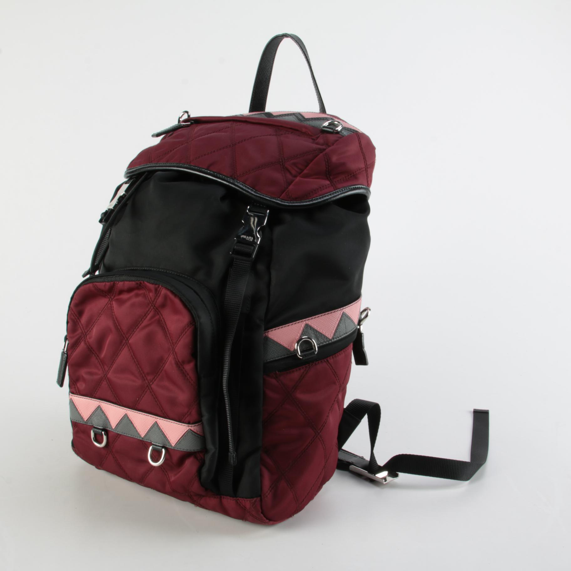 Prada Large Impunto Tessuto Double Buckle Backpack in Black and Maroon Nylon