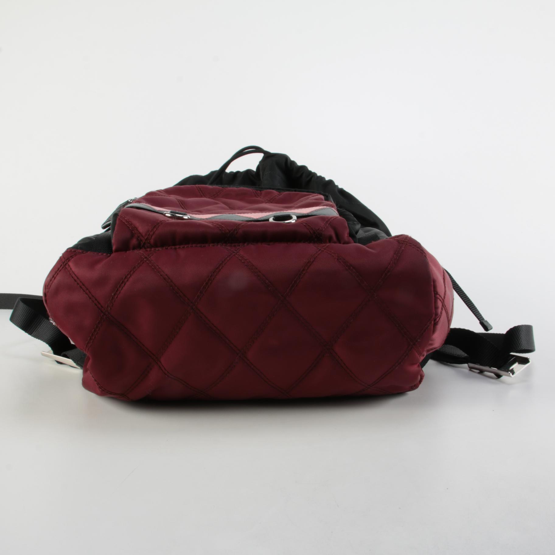 Prada Large Impunto Tessuto Double Buckle Backpack in Black and Maroon Nylon