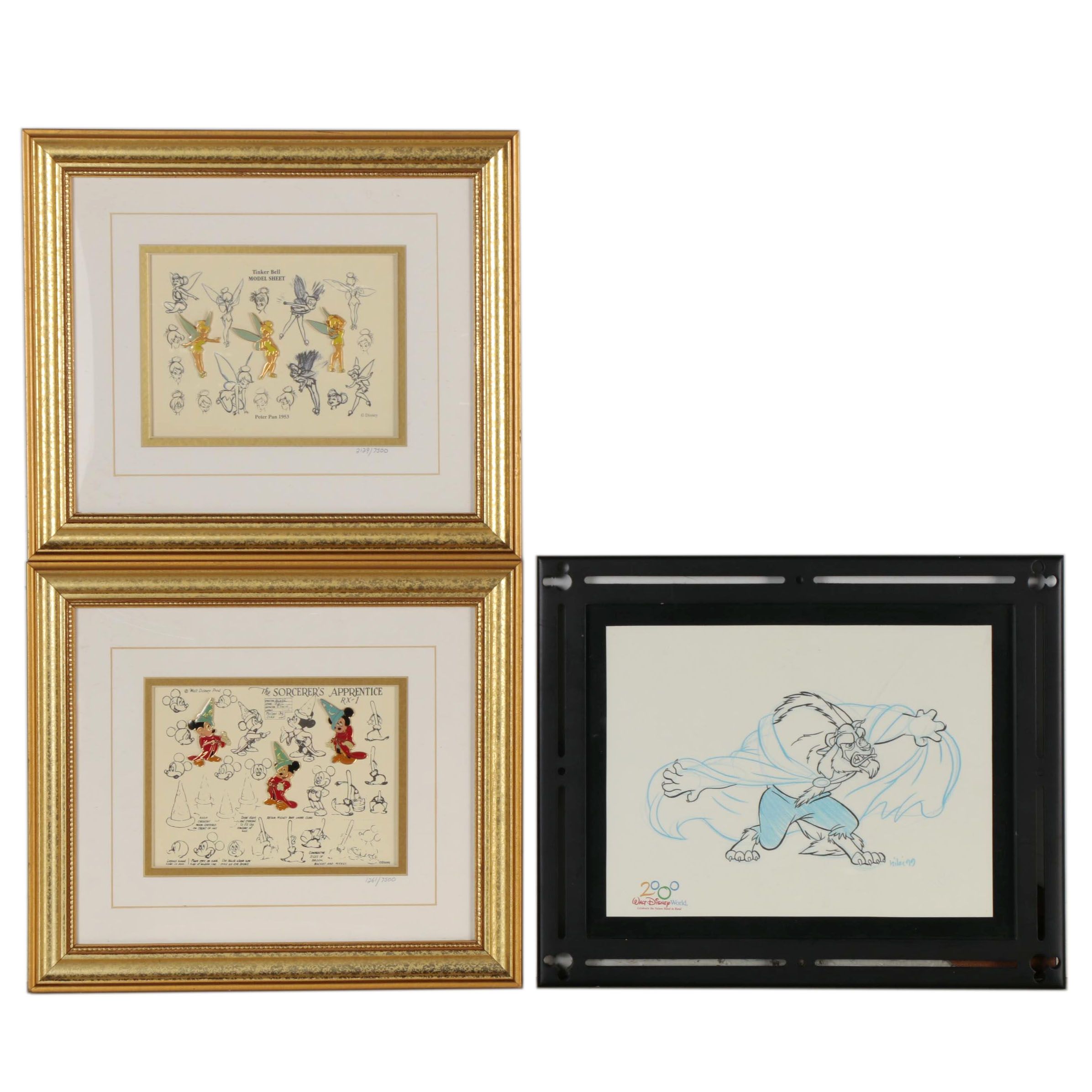 Lithograph and Offset Lithographs of Disney Character Sketches, Including Pins
