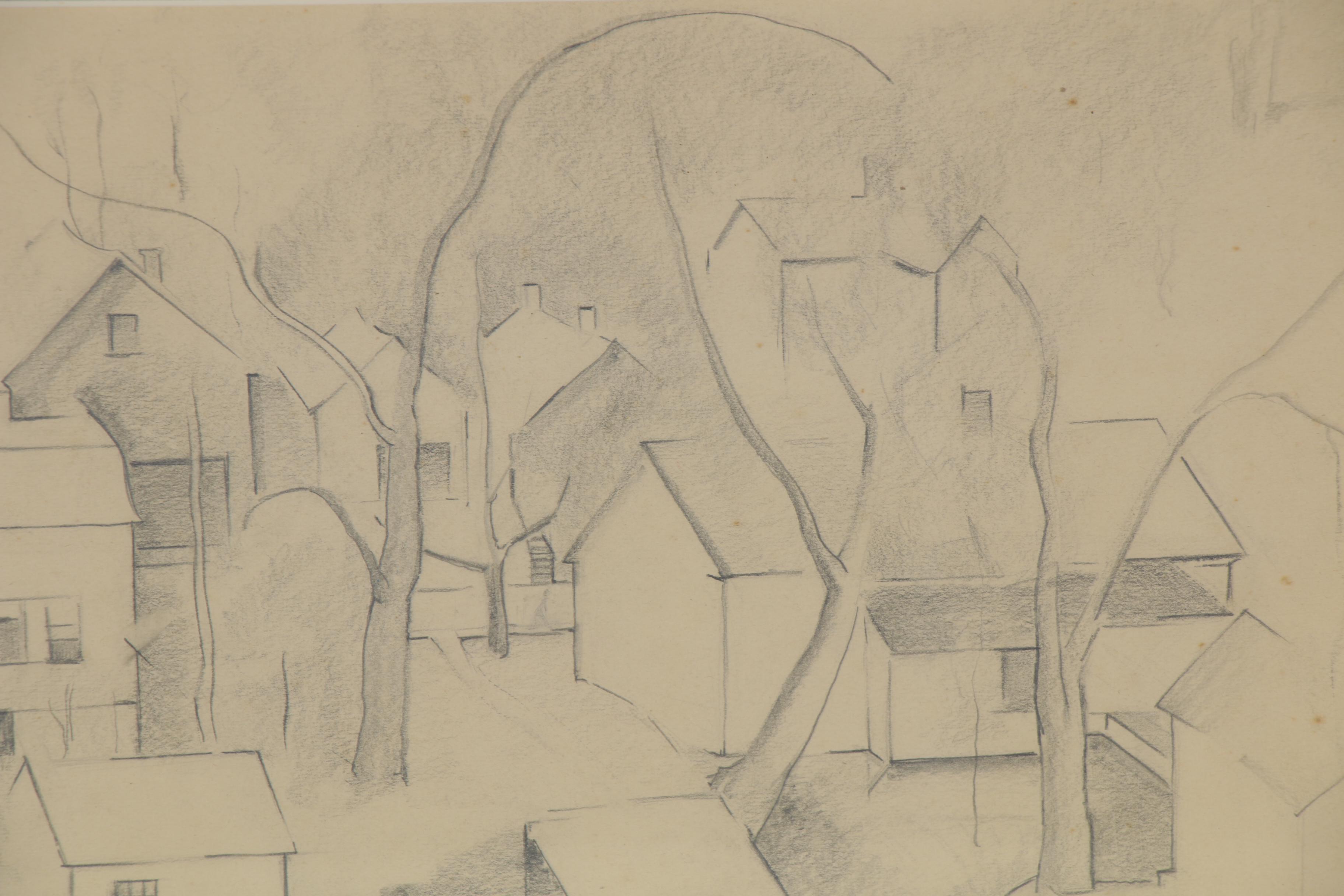 Clara K. Nelson Modernist Style Graphite Drawing of Houses, 1944