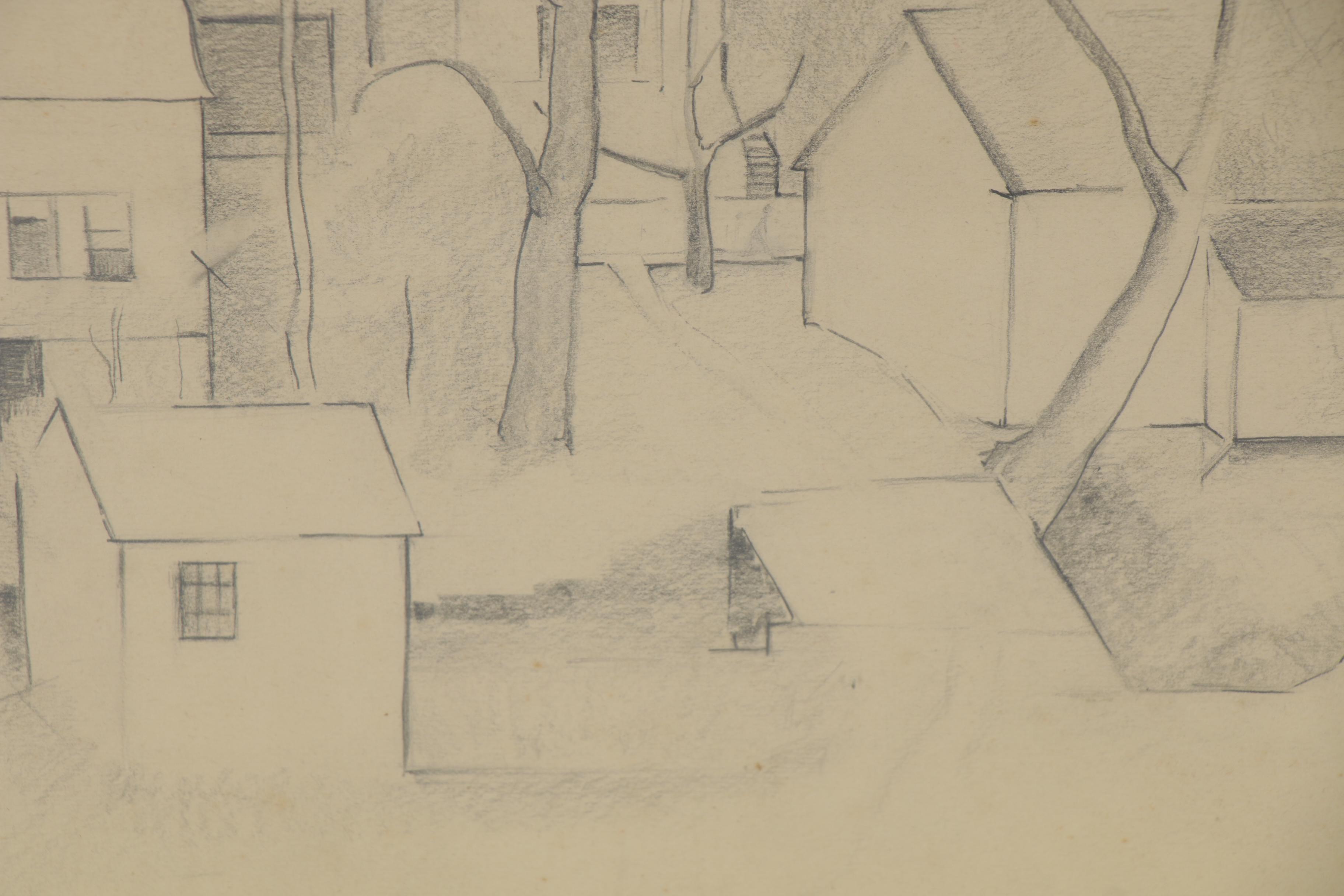 Clara K. Nelson Modernist Style Graphite Drawing of Houses, 1944