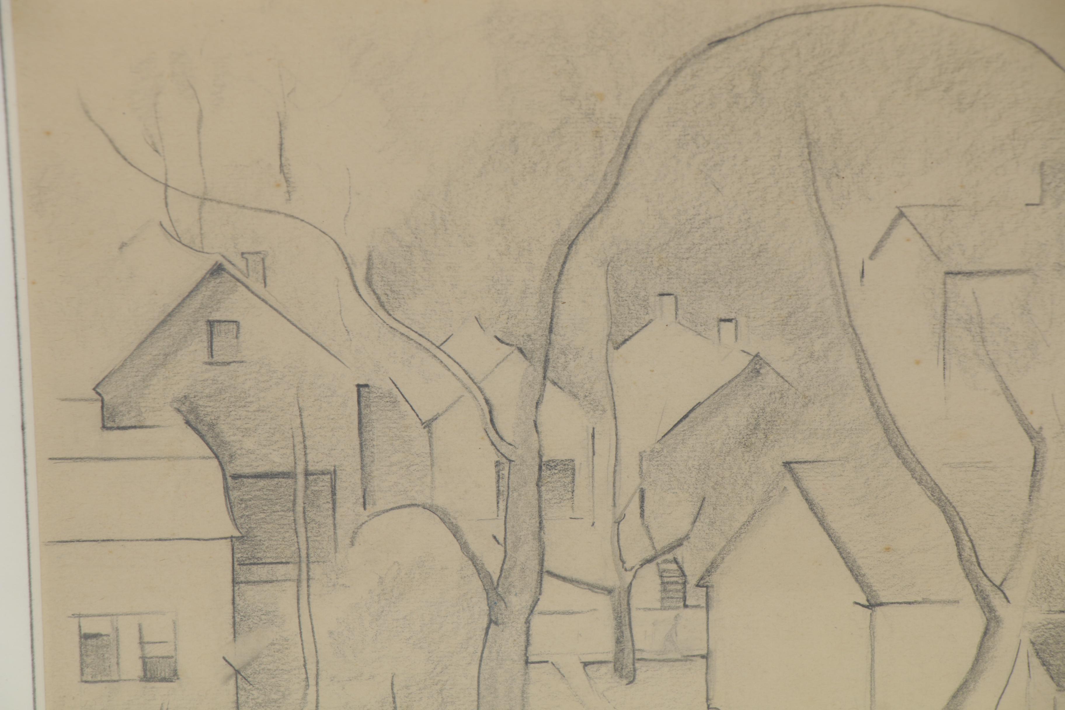 Clara K. Nelson Modernist Style Graphite Drawing of Houses, 1944