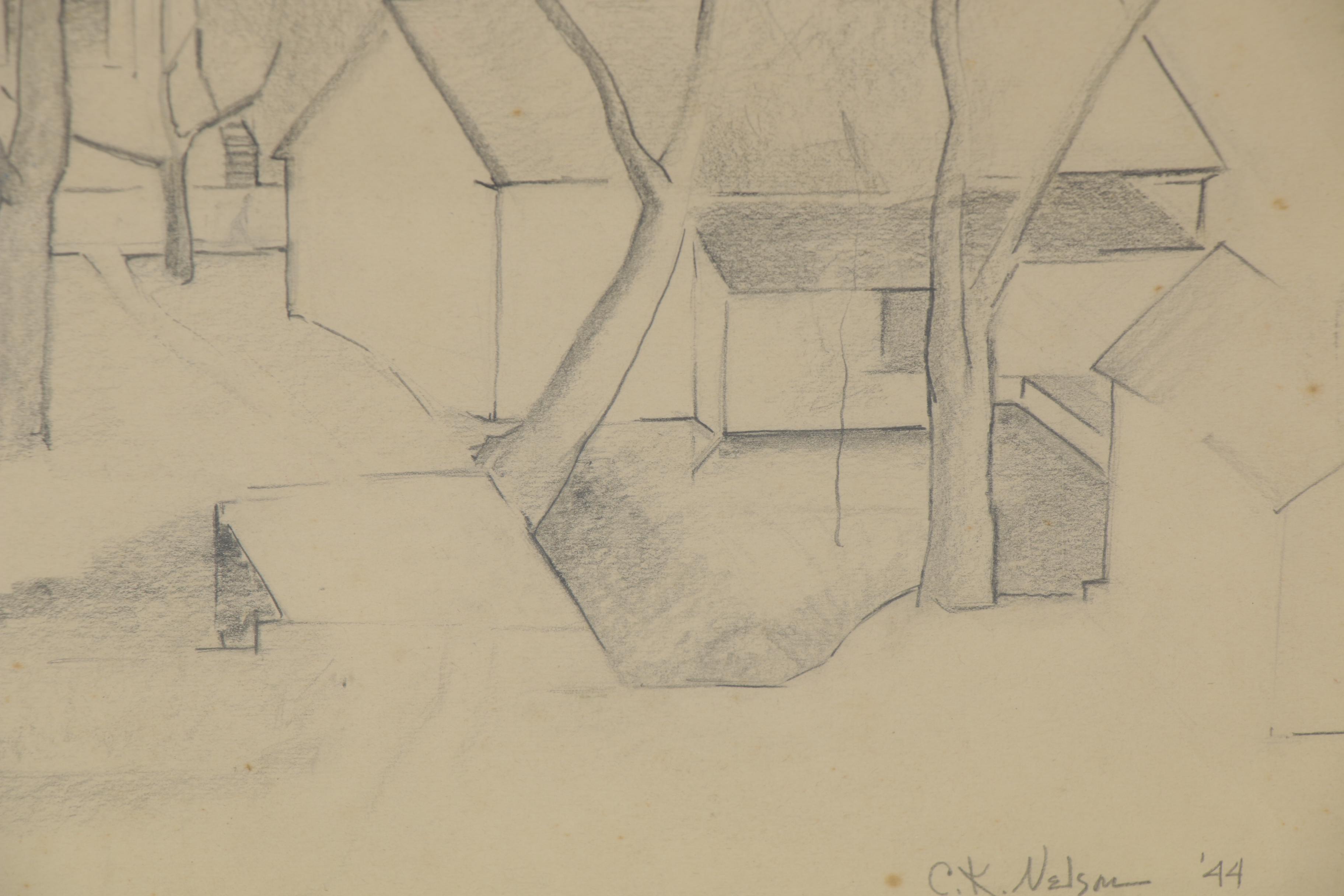 Clara K. Nelson Modernist Style Graphite Drawing of Houses, 1944