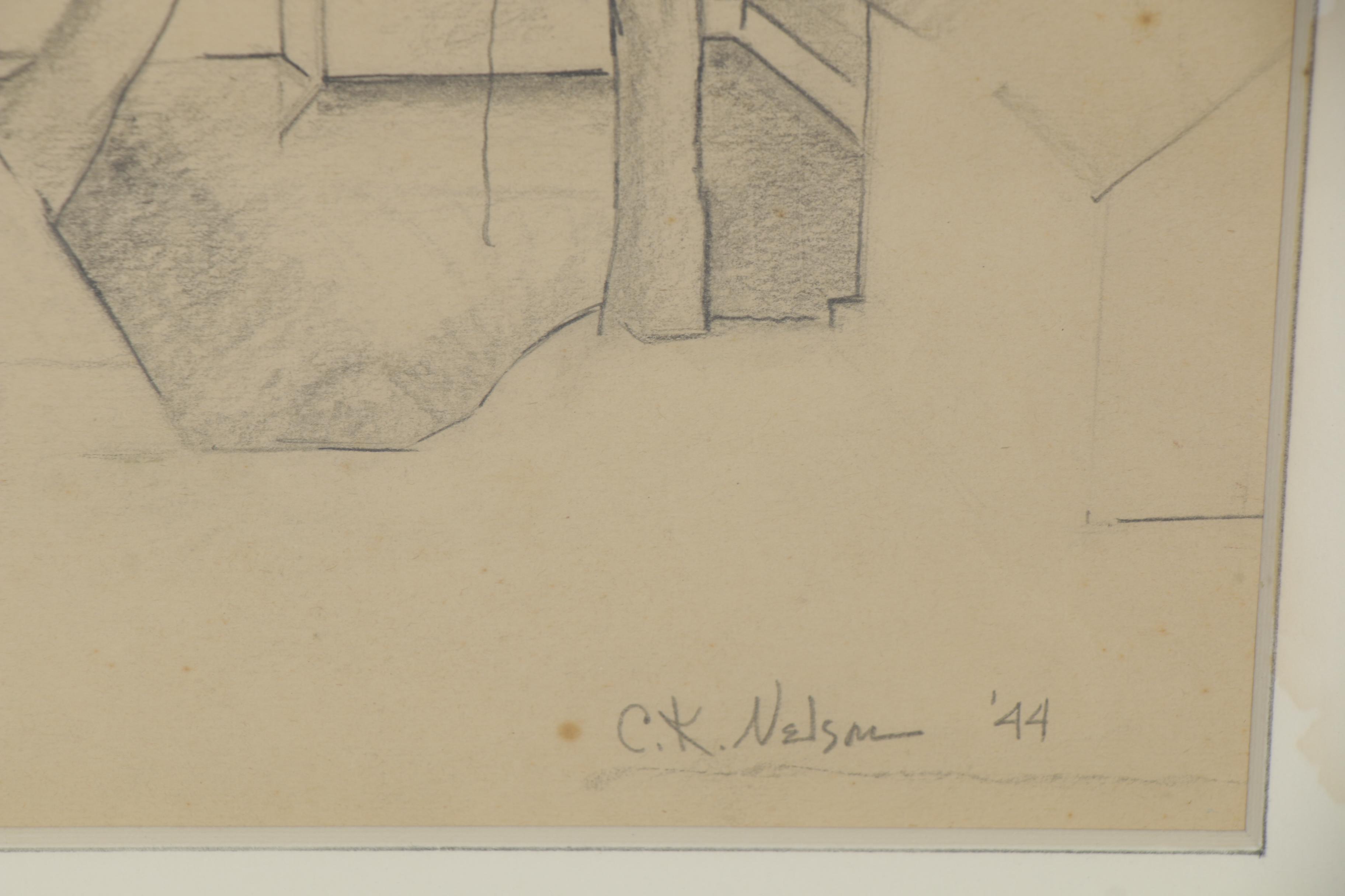 Clara K. Nelson Modernist Style Graphite Drawing of Houses, 1944