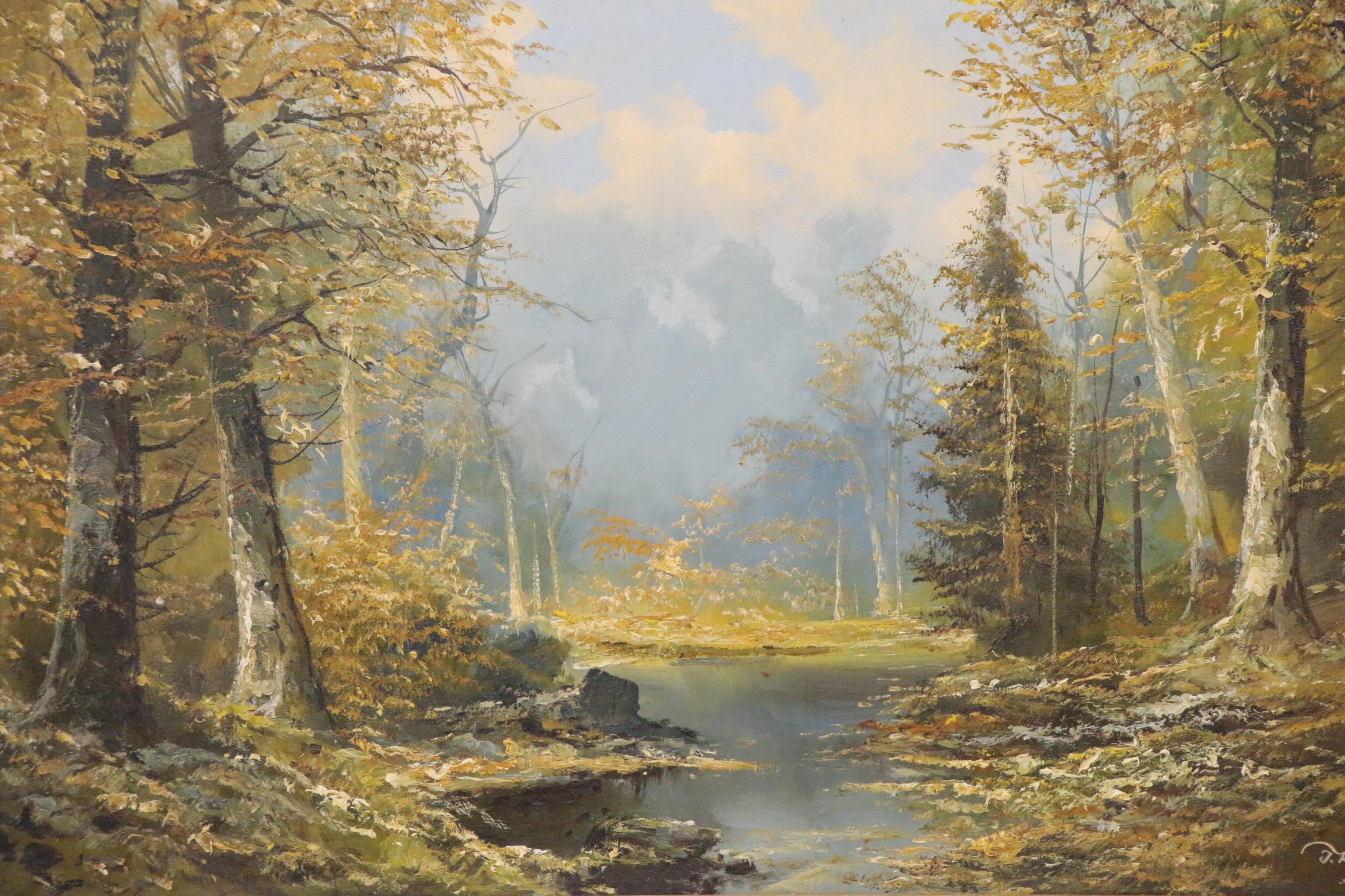 Josef Kugler Forest Landscape Oil Painting, Late 20th Century