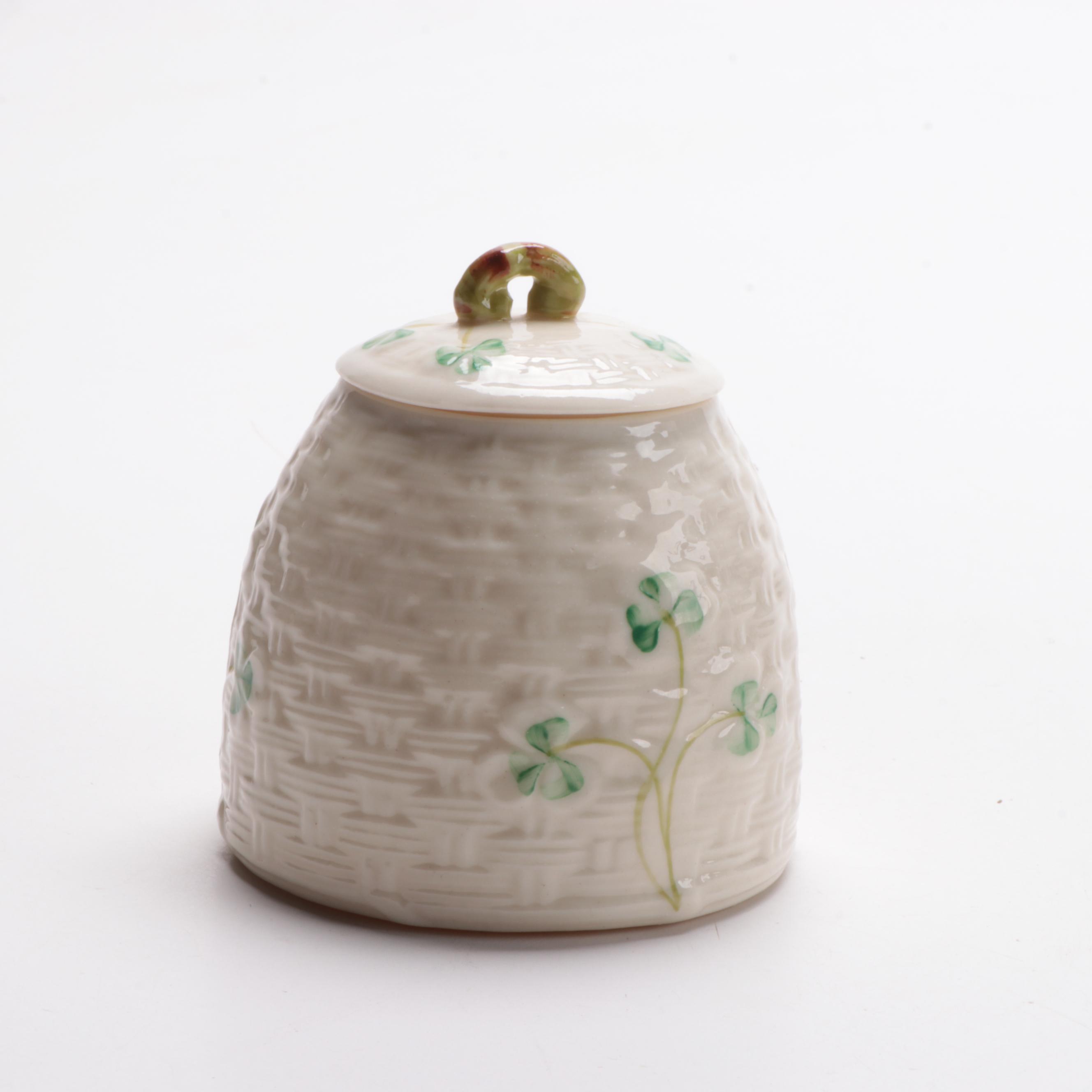 Belleek Porcelain "Clover" Basket Weave Marmalade Jar with Lid