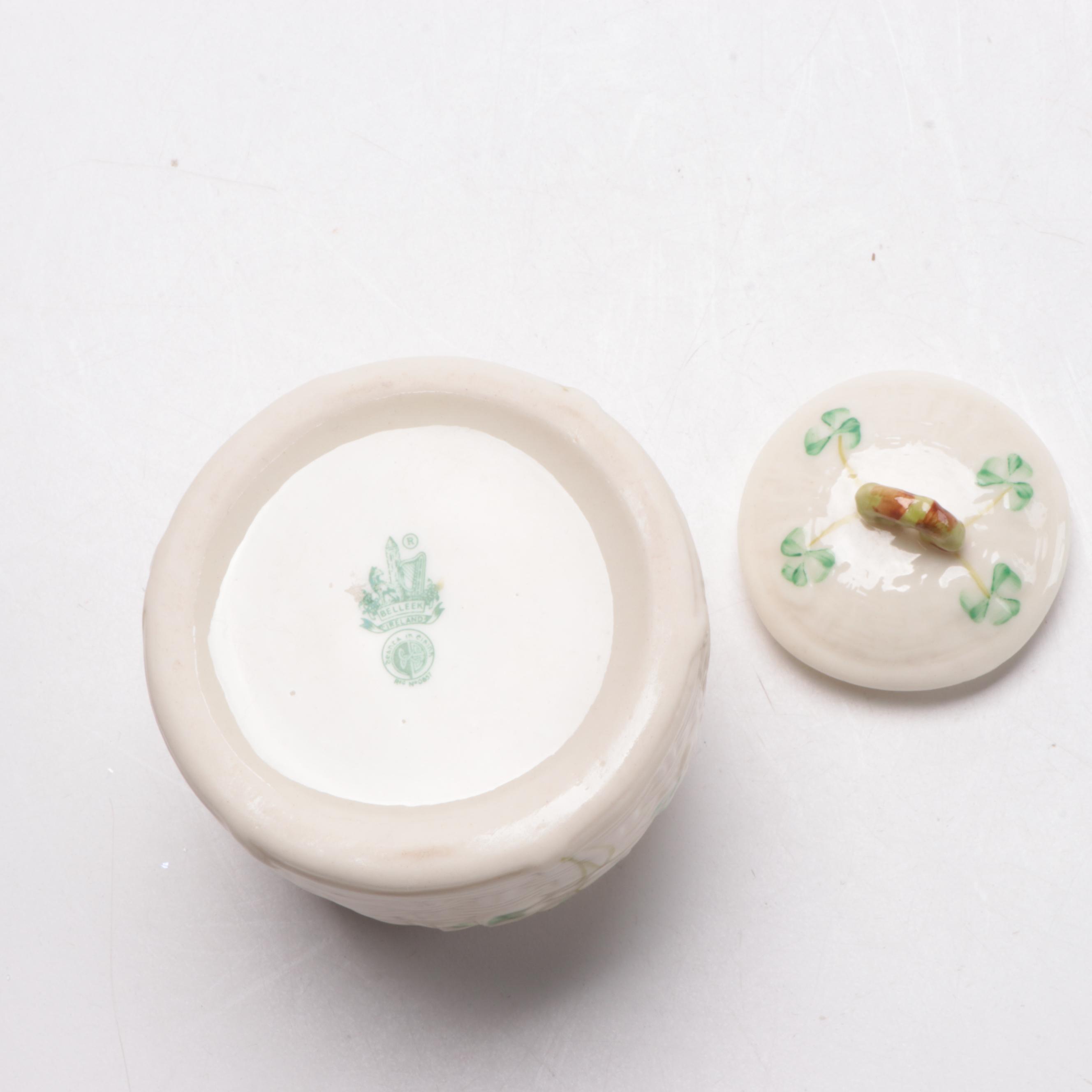 Belleek Porcelain "Clover" Basket Weave Marmalade Jar with Lid