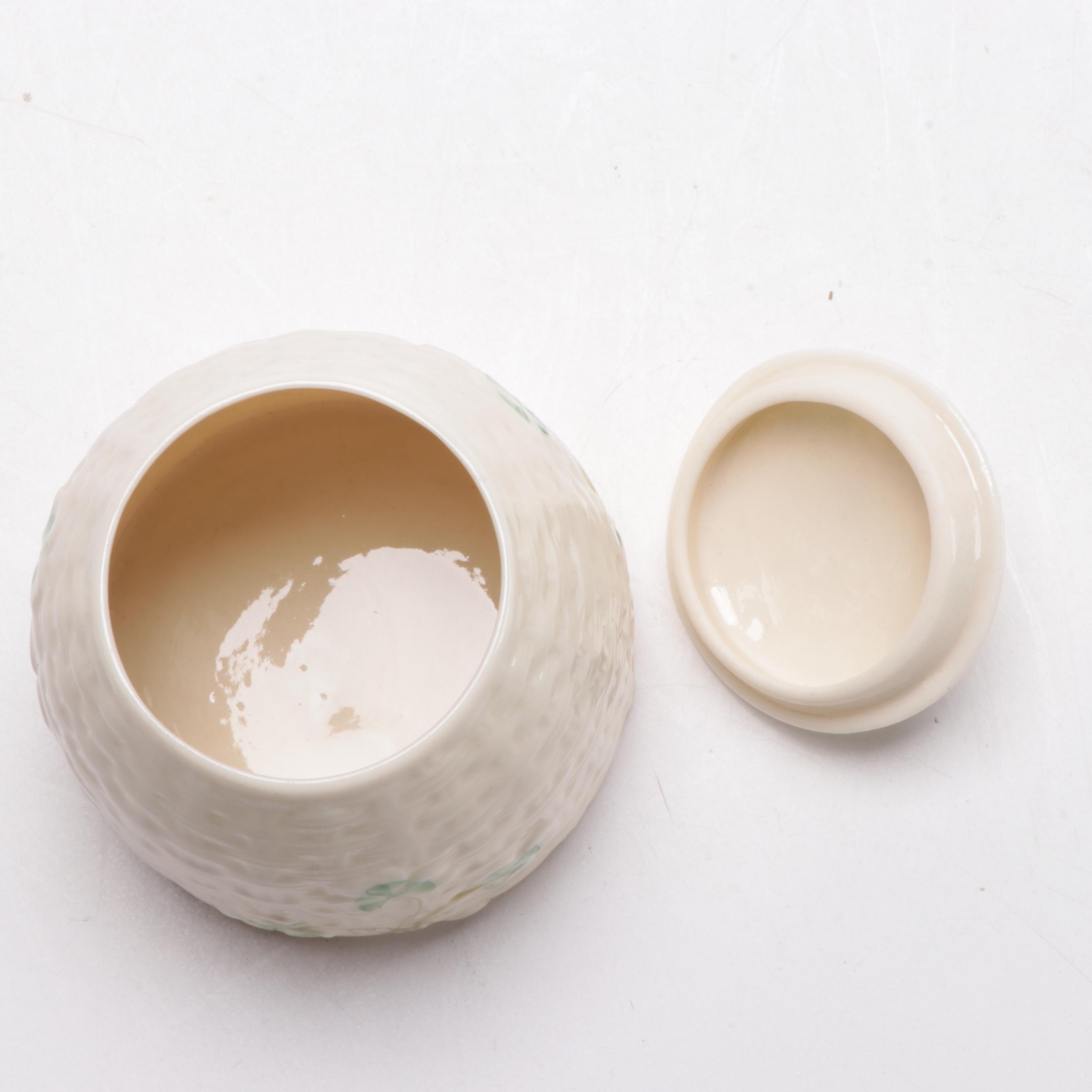 Belleek Porcelain "Clover" Basket Weave Marmalade Jar with Lid