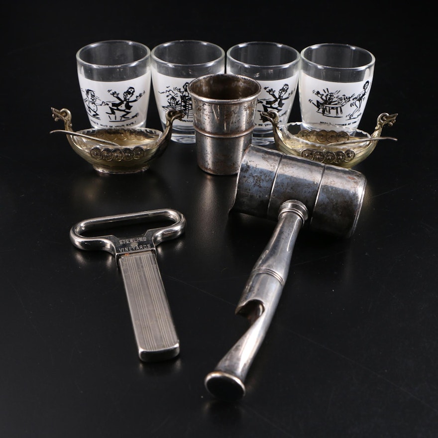 Humorous Shot Glasses with Bar Tools and Accessories Including Sterling Silver