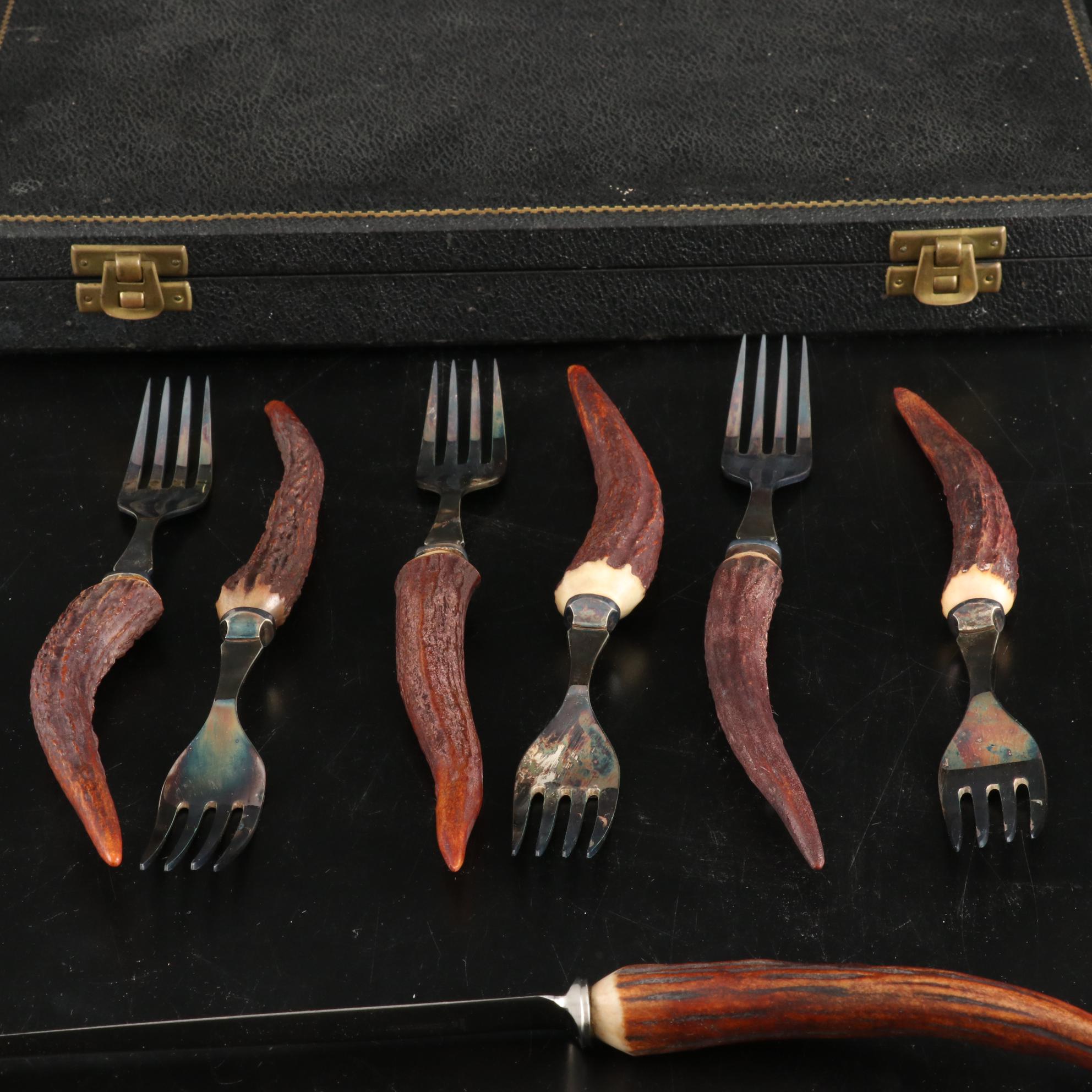 J. Sanderson & Son Sheffield England Antler Handle Carving Set, Early-Mid 20th C