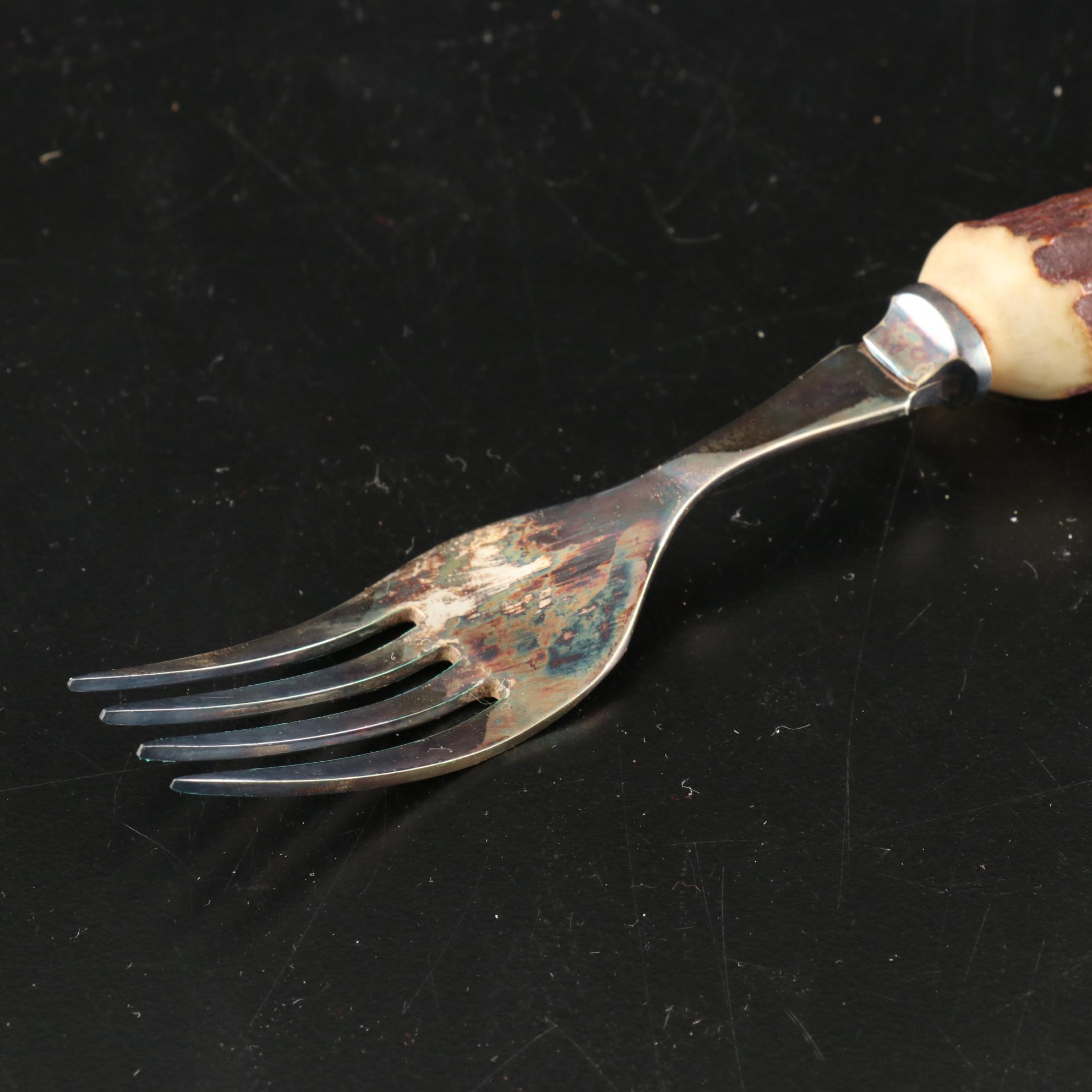 J. Sanderson & Son Sheffield England Antler Handle Carving Set, Early-Mid 20th C