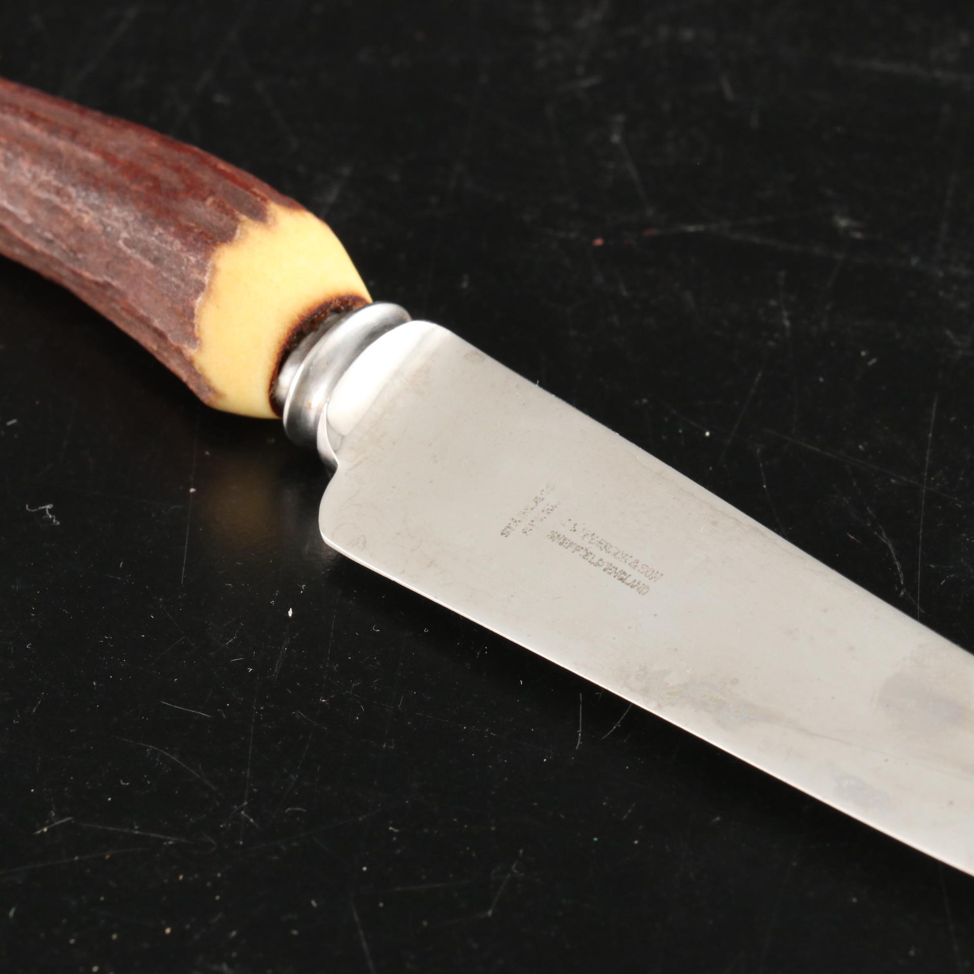 J. Sanderson & Son Sheffield England Antler Handle Carving Set, Early-Mid 20th C