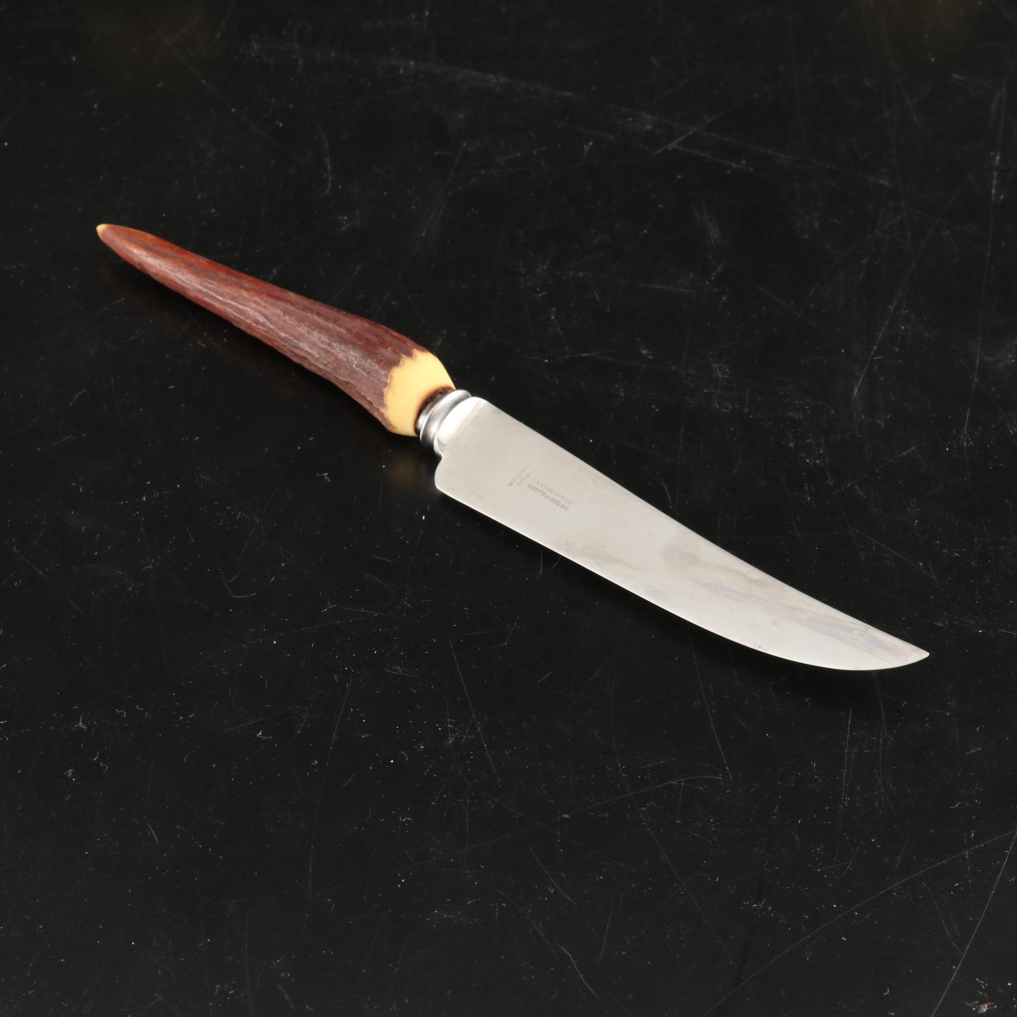 J. Sanderson & Son Sheffield England Antler Handle Carving Set, Early-Mid 20th C