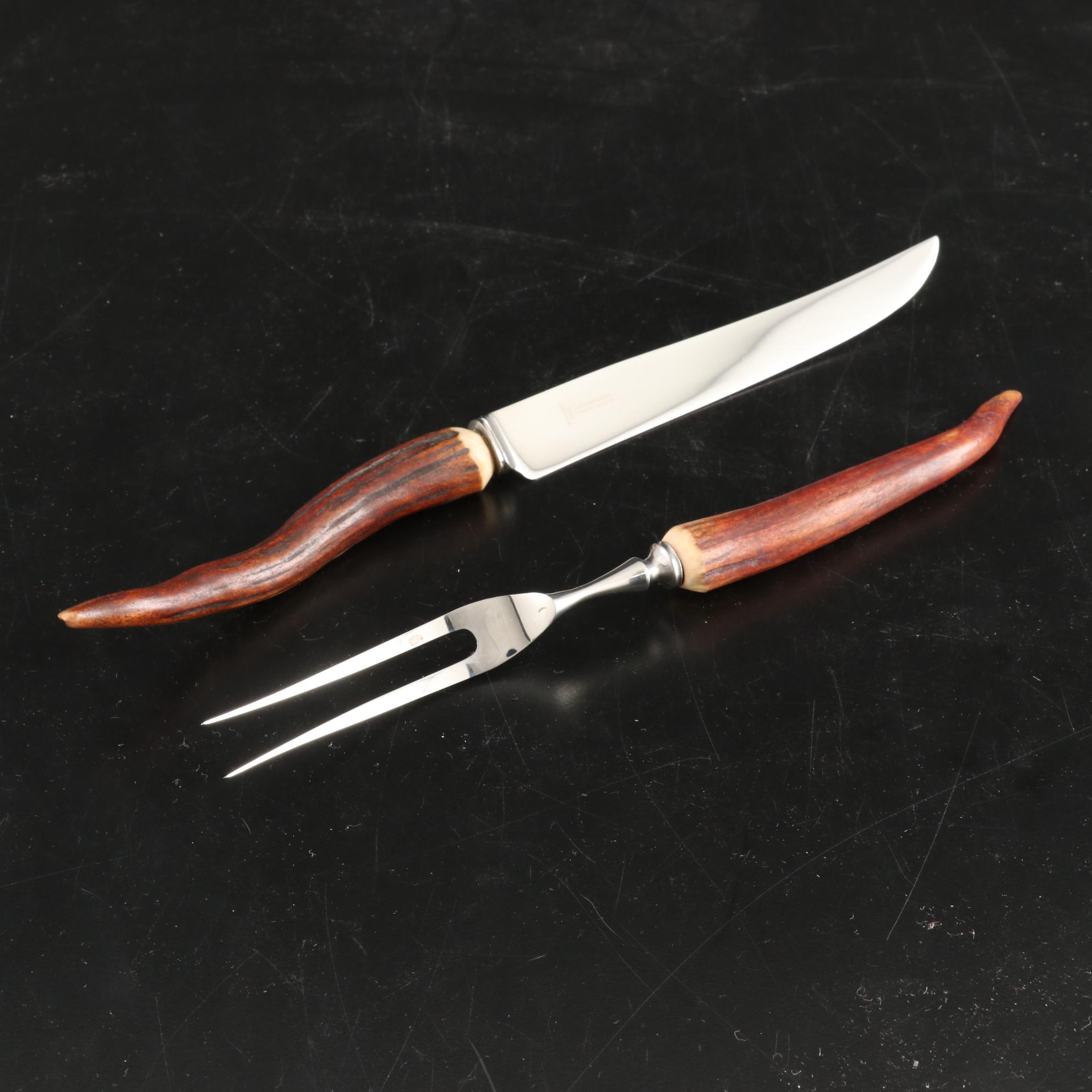 J. Sanderson & Son Sheffield England Antler Handle Carving Set, Early-Mid 20th C