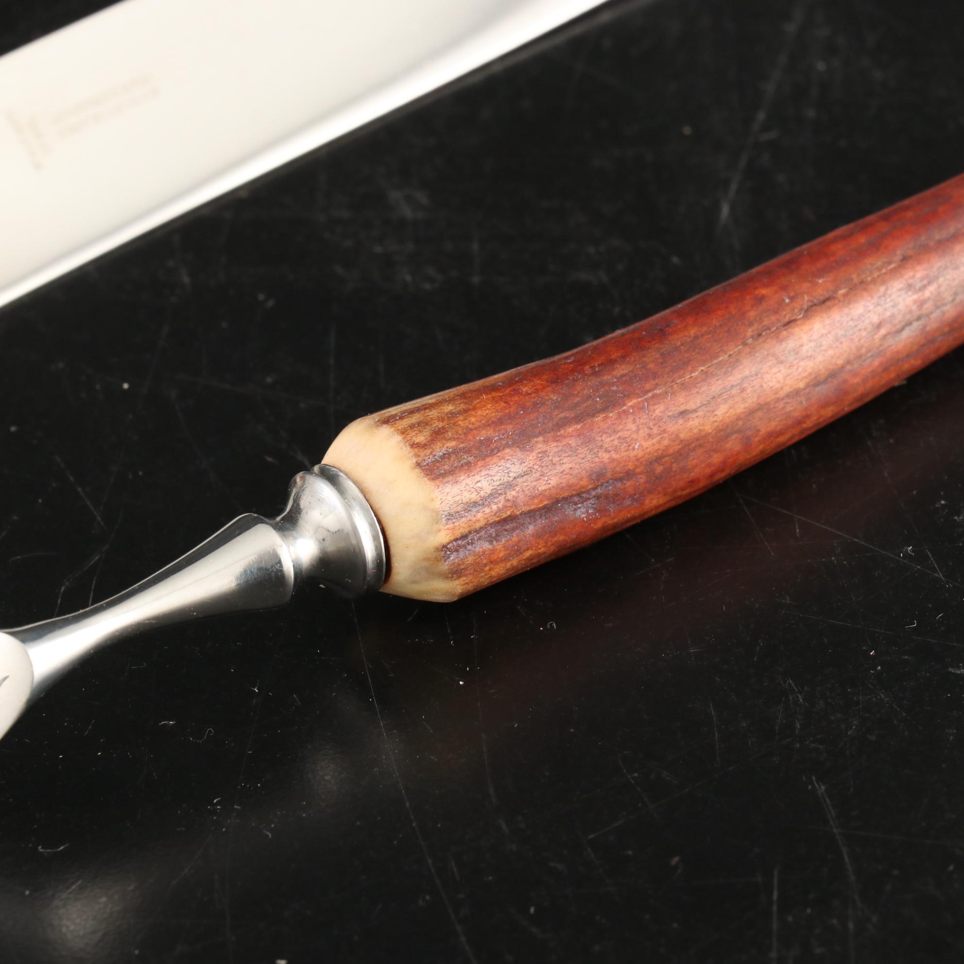 J. Sanderson & Son Sheffield England Antler Handle Carving Set, Early-Mid 20th C