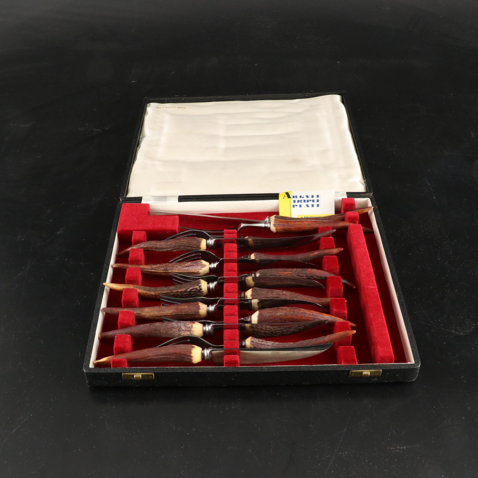 J. Sanderson & Son Sheffield England Antler Handle Carving Set, Early-Mid 20th C