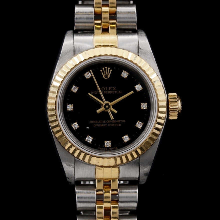 Rolex Oyster Perpetual 18K and Steel Wristwatch with Factory Diamond Dial