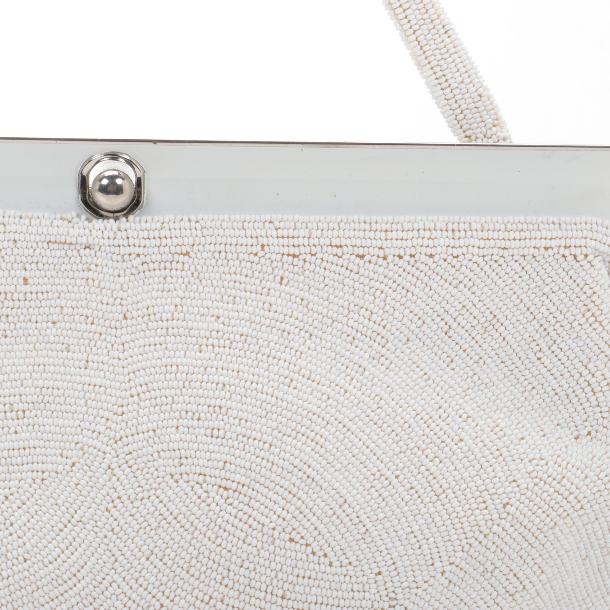 Walborg White Beaded Handbag with Satin Lining, Made in Belgium
