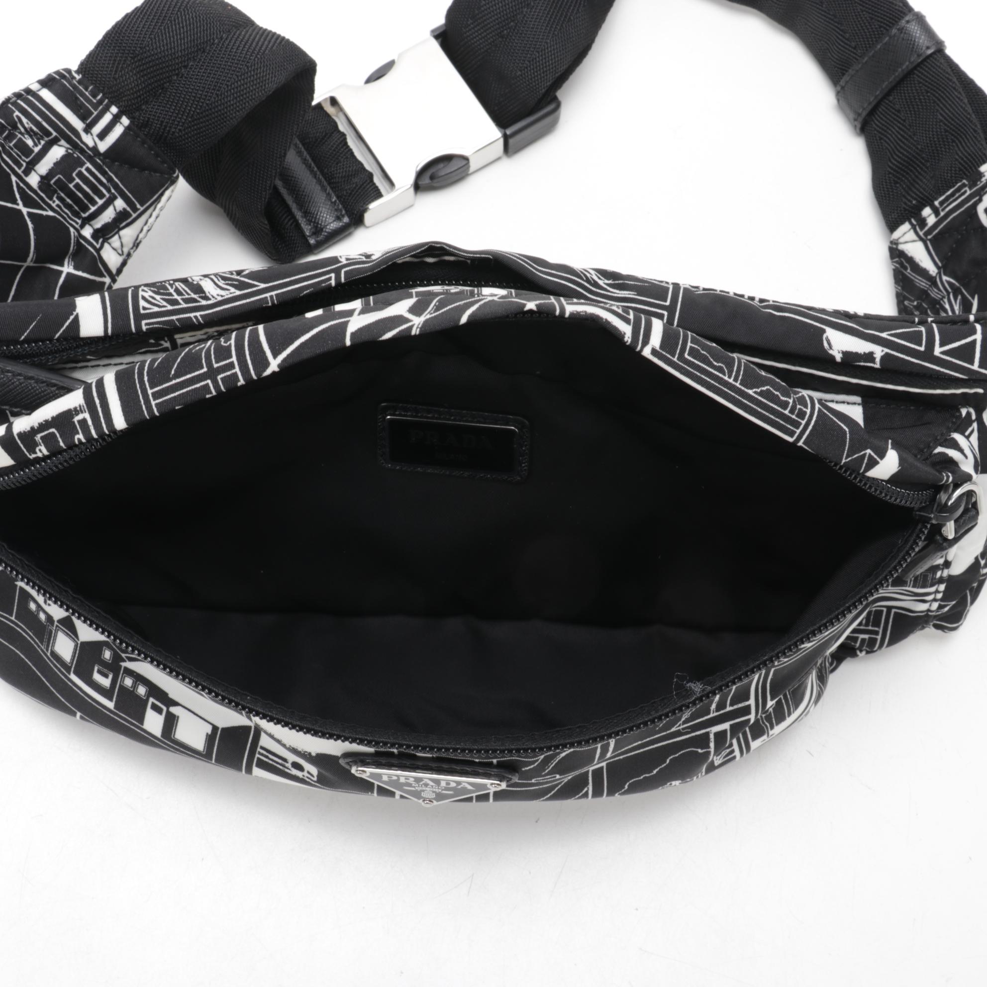 Prada Belt Bag in Printed Tessuto Nylon with Black Saffiano Leather Trim