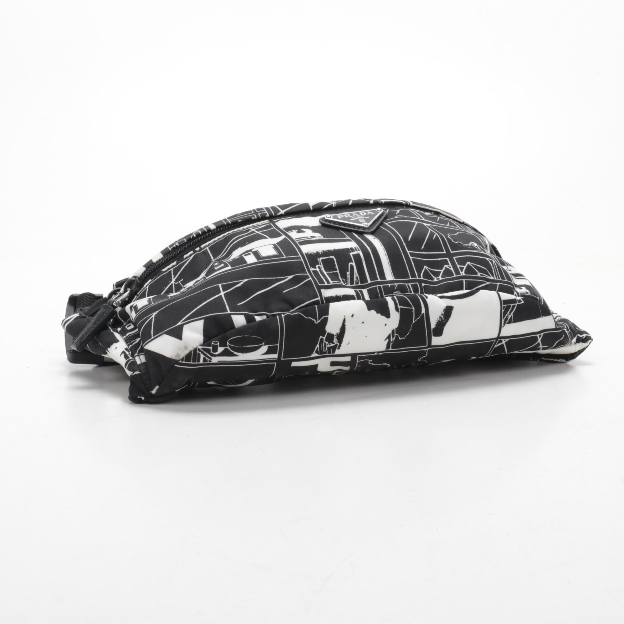 Prada Belt Bag in Printed Tessuto Nylon with Black Saffiano Leather Trim