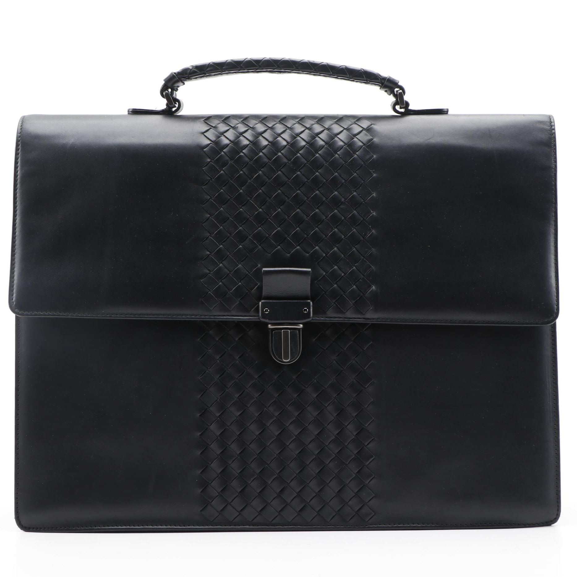Bottega Veneta Envelope Briefcase in Black Leather with Intrecciato Detail