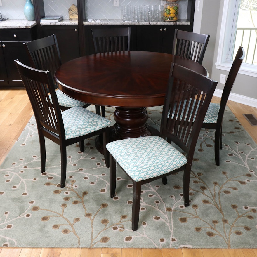 Walnut-Stained Round Pedestal Dining Table with Six Coaster "Sanders" Chairs