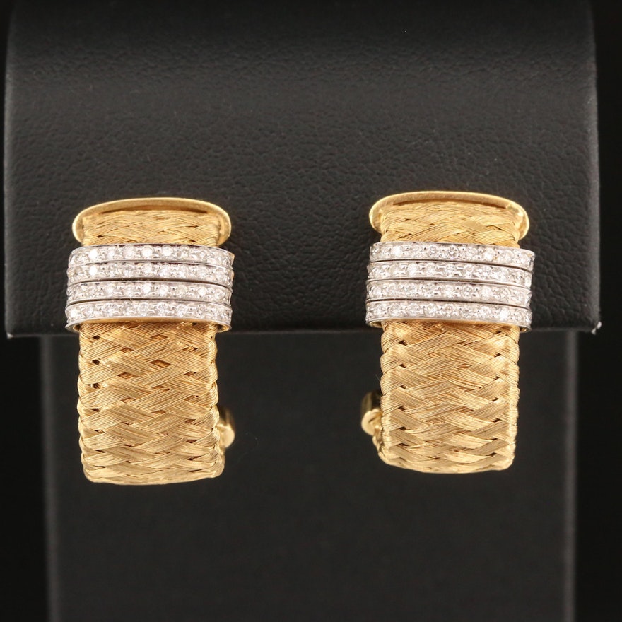 Roberto Coin "Silk Weave" 18K Diamond J-Hoop Earrings