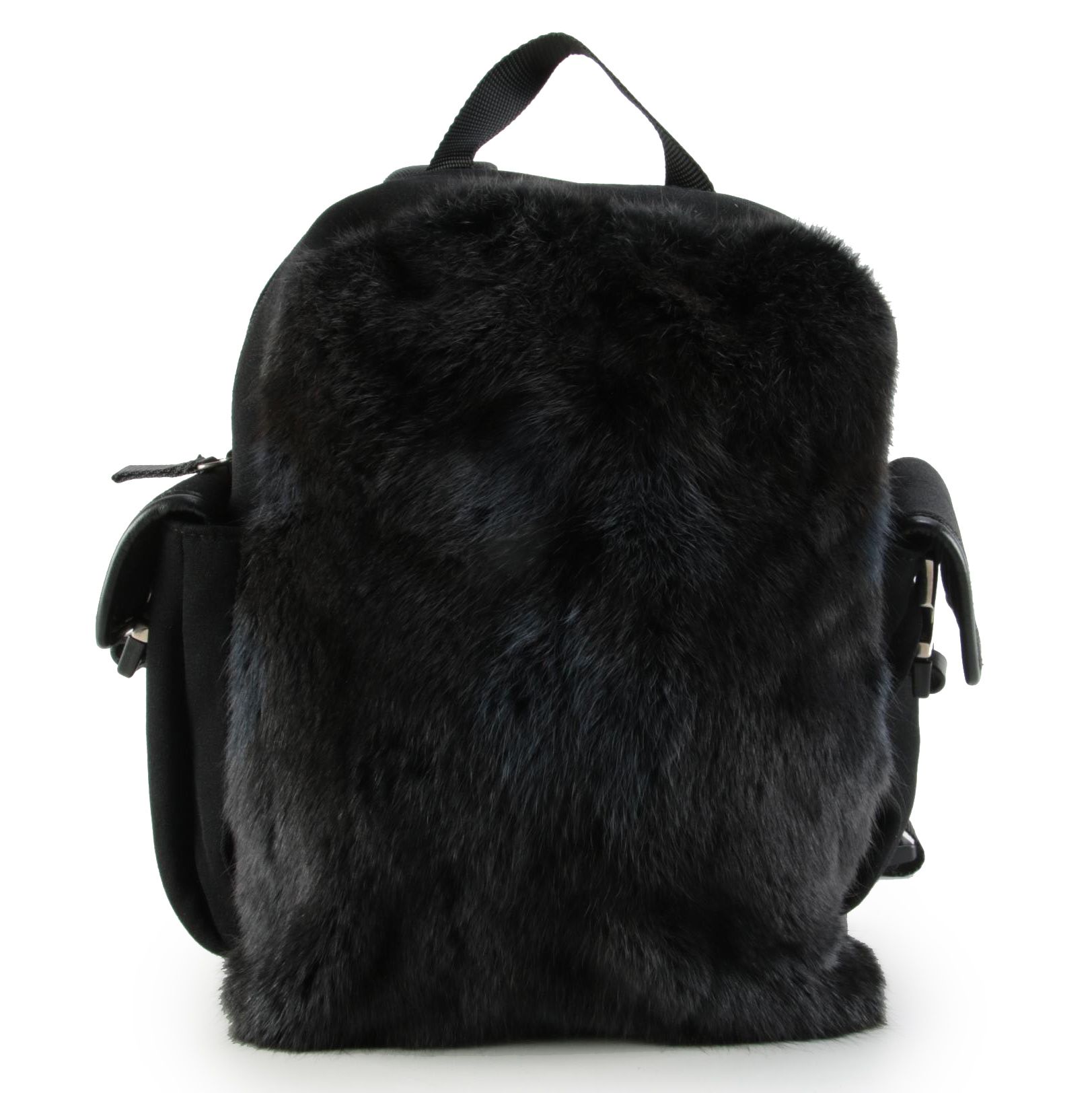 Prada Sport Backpack Purse in Black Fabric with Fur and Leather Trim