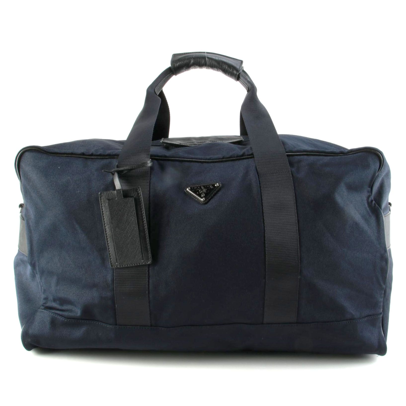 Prada Large Travel Duffel in Navy Blue Tessuto with Black Saffiano Leather Trim