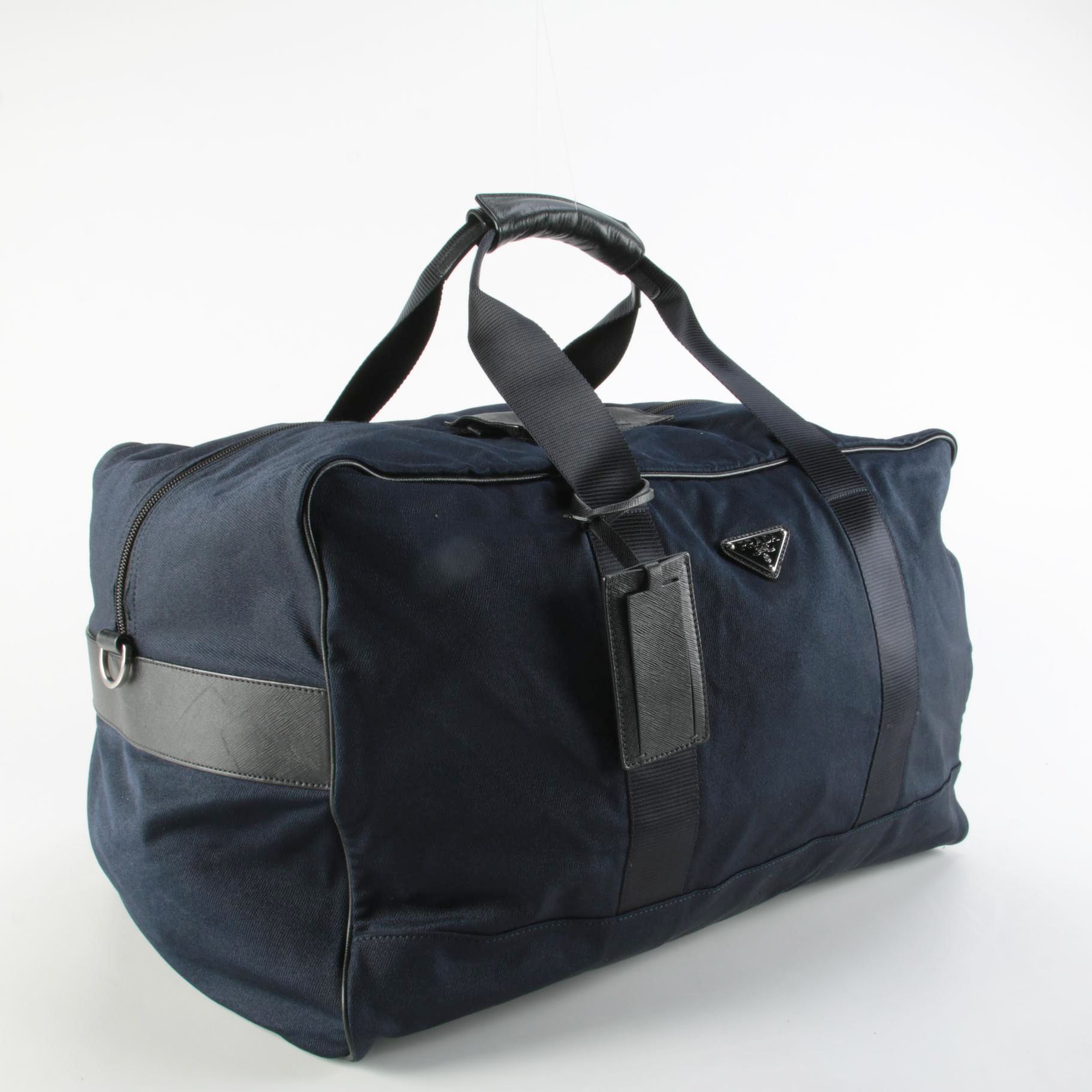 Prada Large Travel Duffel in Navy Blue Tessuto with Black Saffiano Leather Trim