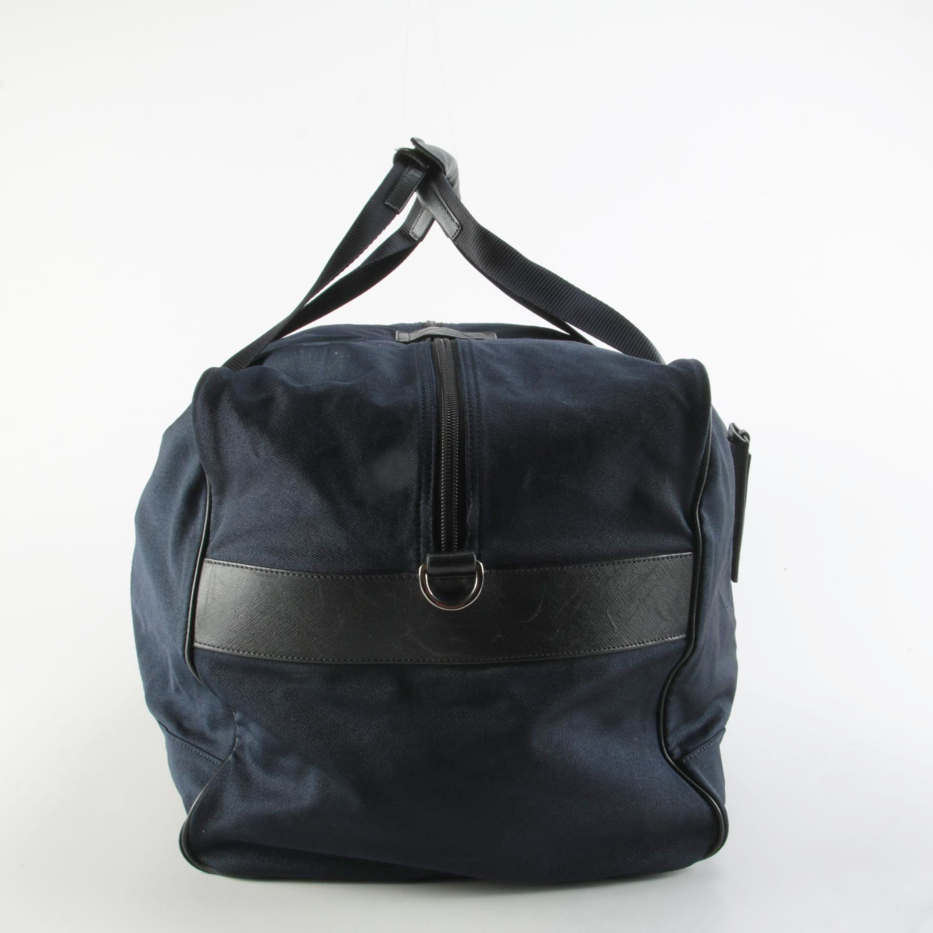Prada Large Travel Duffel in Navy Blue Tessuto with Black Saffiano Leather Trim