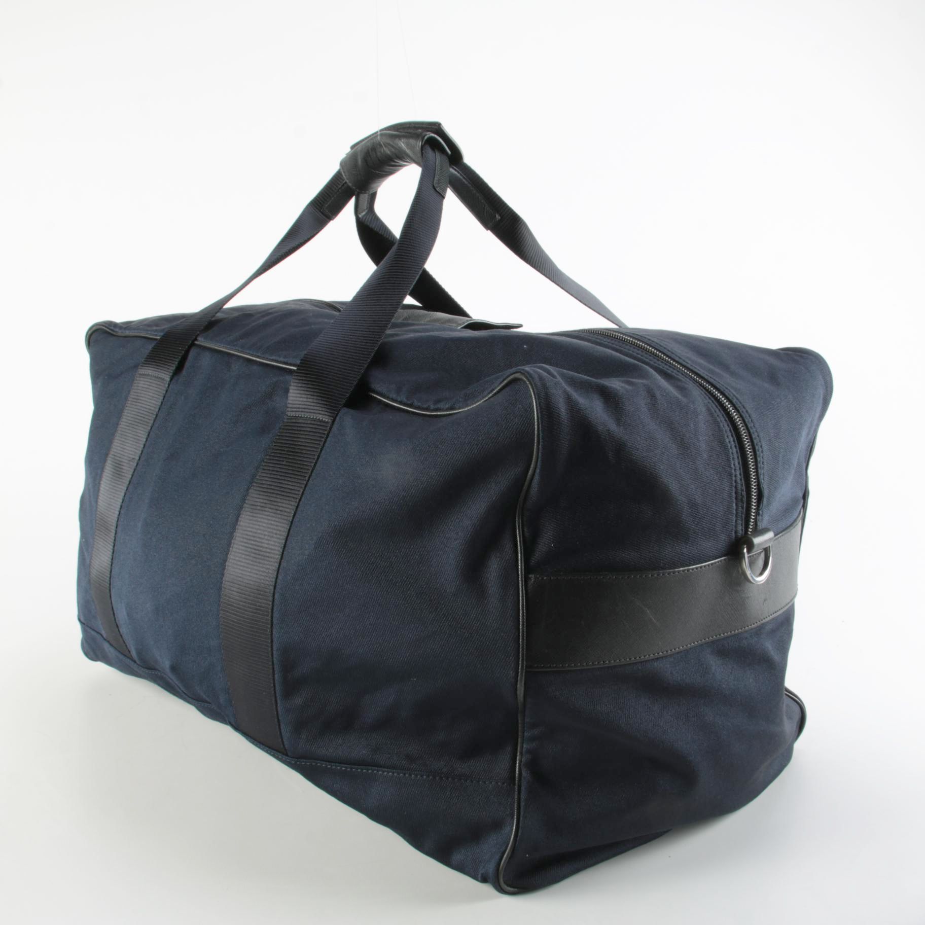 Prada Large Travel Duffel in Navy Blue Tessuto with Black Saffiano Leather Trim