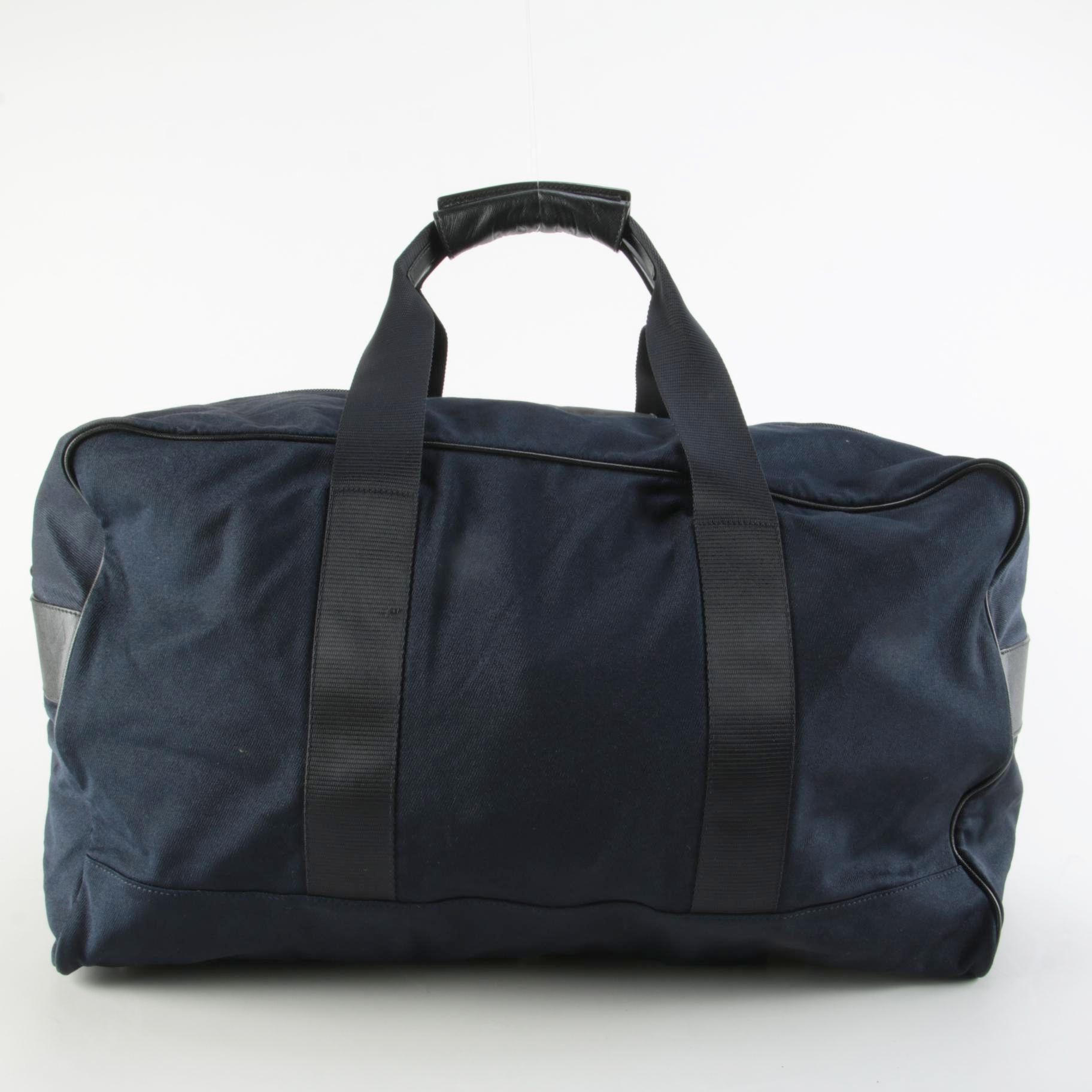 Prada Large Travel Duffel in Navy Blue Tessuto with Black Saffiano Leather Trim