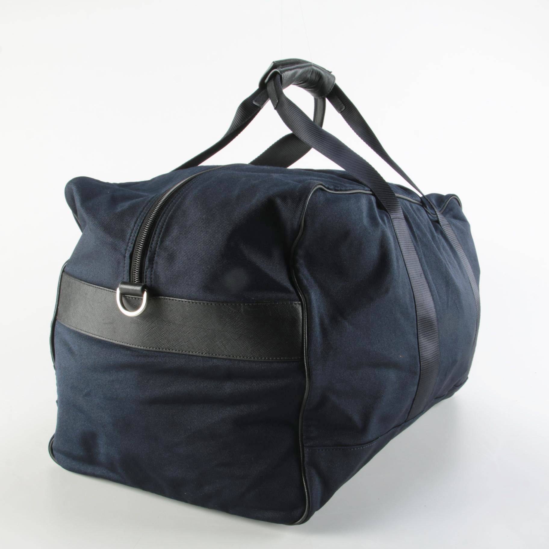 Prada Large Travel Duffel in Navy Blue Tessuto with Black Saffiano Leather Trim