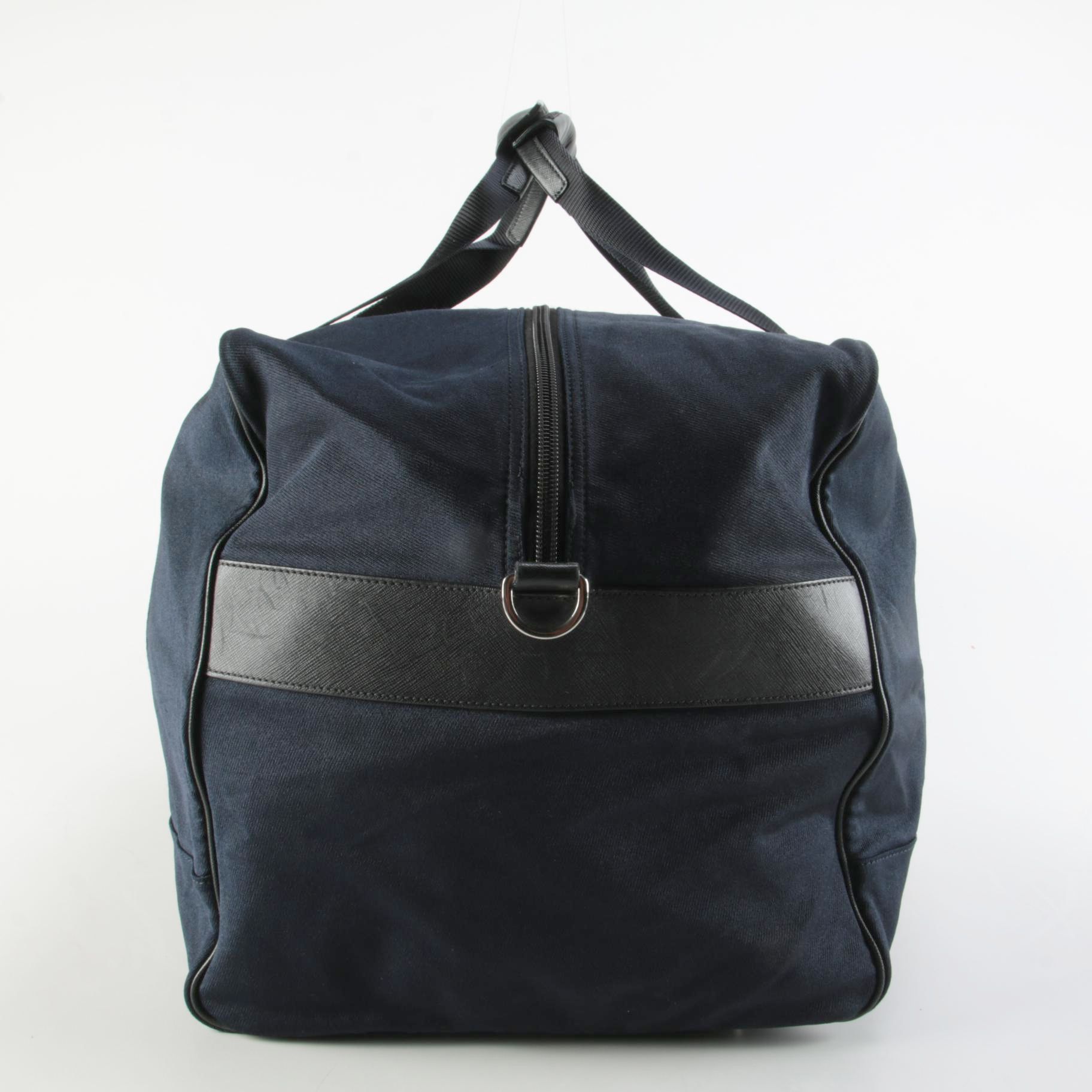 Prada Large Travel Duffel in Navy Blue Tessuto with Black Saffiano Leather Trim