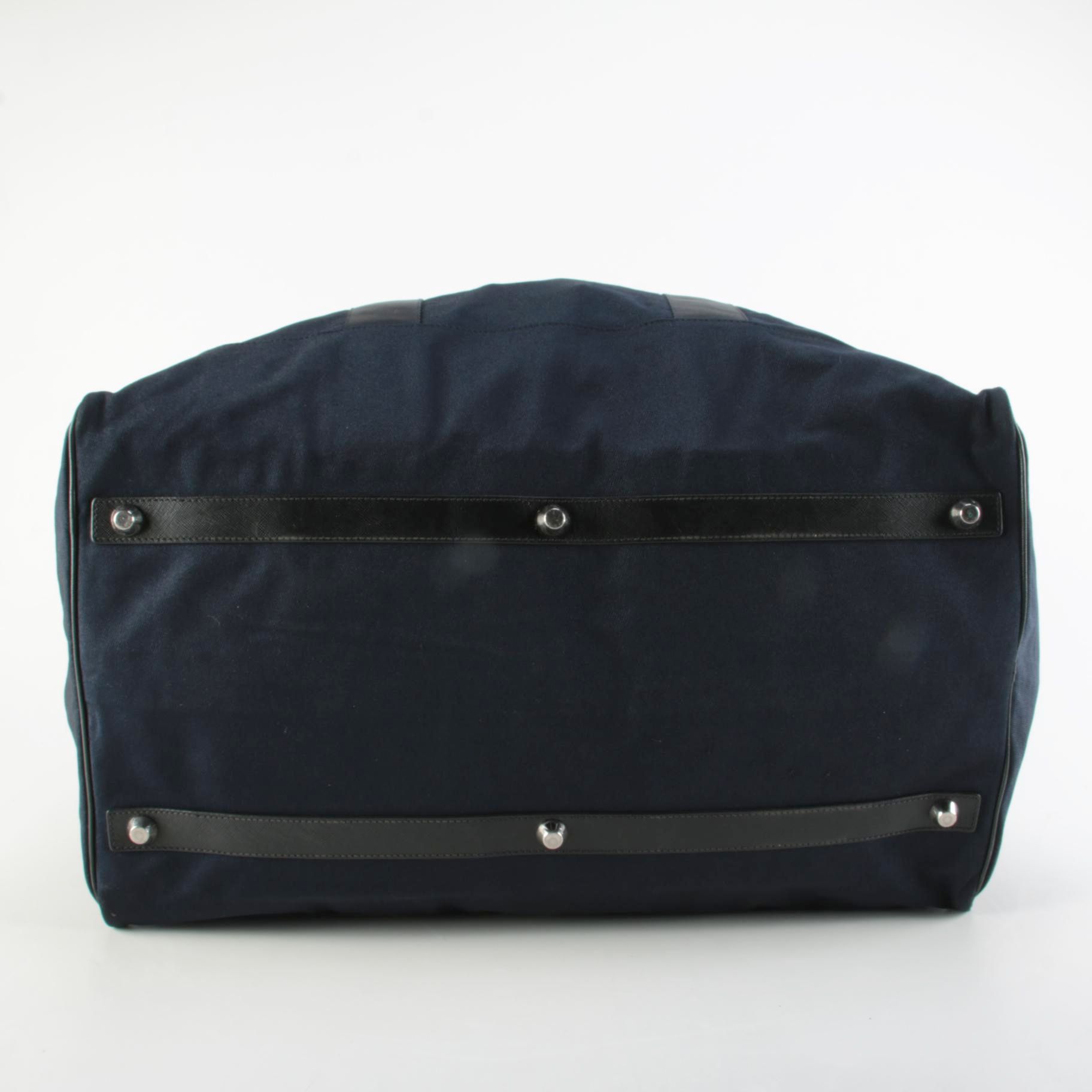 Prada Large Travel Duffel in Navy Blue Tessuto with Black Saffiano Leather Trim
