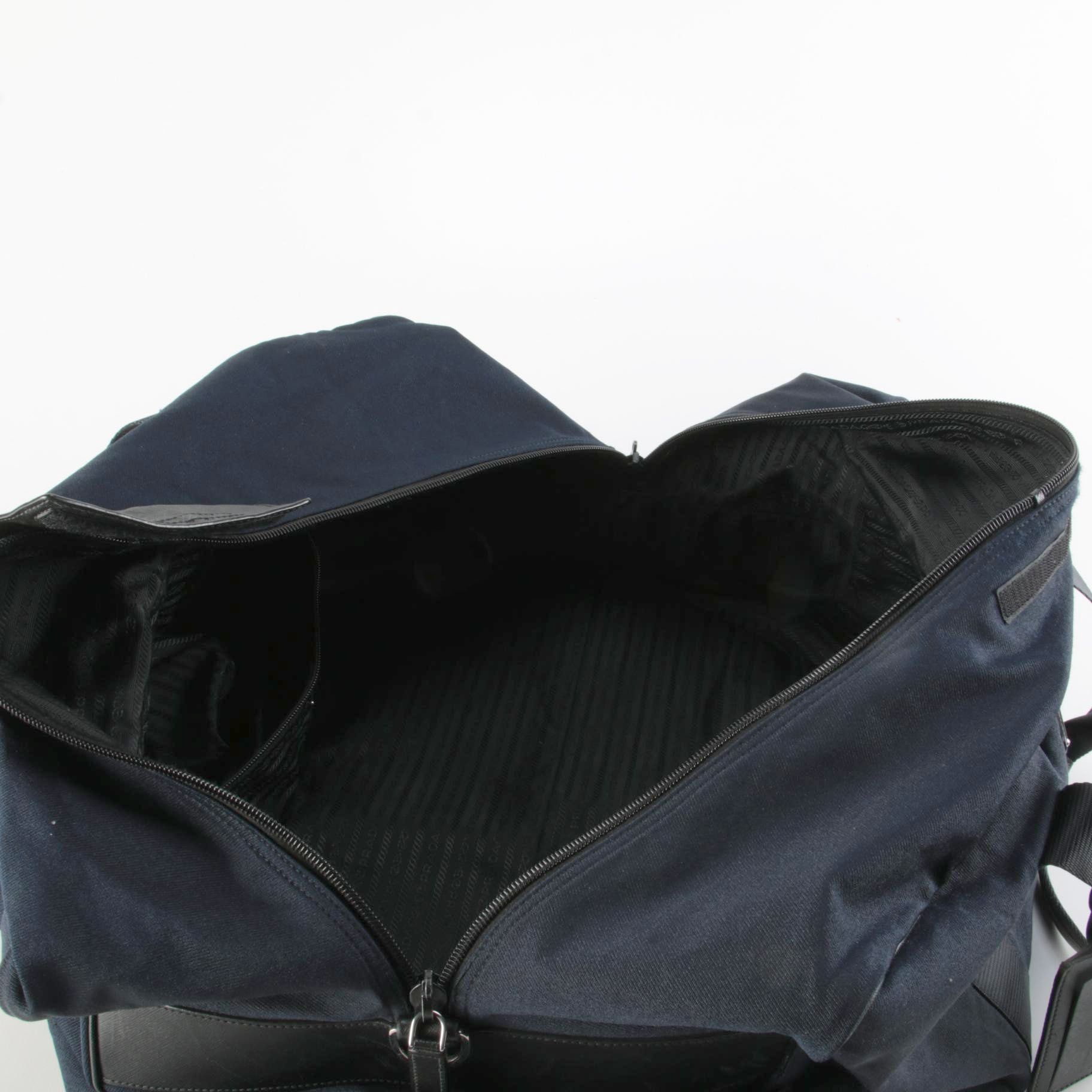 Prada Large Travel Duffel in Navy Blue Tessuto with Black Saffiano Leather Trim